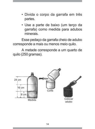 • Divida o corpo da garrafa em três 
partes. 
• Use a parte de baixo (um terço da 
garrafa) como medida para adubos 
minerais. 
Esse pedaço da garrafa cheio de adubo 
corresponde a mais ou menos meio quilo. 
A metade corresponde a um quarto de 
14 
quilo (250 gramas). 
 
