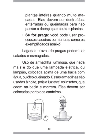 plantas inteiras quando muito ata-cadas. 
Elas devem ser destruídas, 
enterradas ou queimadas para não 
passar a doença para outras plantas. 
• Se for praga: você pode usar pro-cessos 
caseiros ou manuais como os 
exemplificados abaixo. 
Lagartas e ovos de pragas podem ser 
catados e esmagados. 
Uso de armadilha luminosa, que nada 
mais é do que uma lâmpada elétrica, ou 
lampião, colocada acima de uma bacia com 
água, ou óleo queimado. Essas armadilhas são 
usadas à noite, pois a luz atrai os insetos, que 
caem na bacia e morrem. Elas devem ser 
colocadas perto dos canteiros. 
19 
 