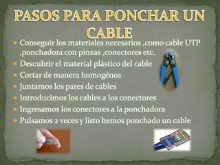 PASOS PARA PONCHAR UN CABLEConseguir los materiales necesarios ,como cable UTP ,ponchadora con pinzas ,conectores etc.Descubrir el material plástico del cableCortar de manera homogéneaJuntamos los pares de cablesIntroducimos los cables a los conectoresIngresamos los conectores a la ponchadoraPulsamos 2 veces y listo hemos ponchado un cable