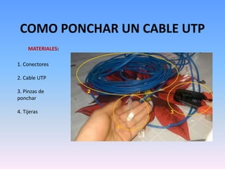 COMO PONCHAR UN CABLE UTP
MATERIALES:
1. Conectores
2. Cable UTP
3. Pinzas de
ponchar
4. Tijeras
 