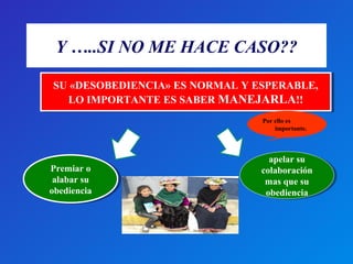 Y …..SI NO ME HACE CASO?? 
SU «DESOBEDIENCIA» ES NORMAL Y ESPERABLE, 
SU «DESOBEDIENCIA» ES NORMAL Y ESPERABLE, 
LO IMPORTANTE ES SABER MANEJARLA!! 
LO IMPORTANTE ES SABER MANEJARLA!! 
Premiar o 
alabar su 
obediencia 
Premiar o 
alabar su 
obediencia 
Por ello es 
importante. 
apelar su 
colaboración 
mas que su 
obediencia 
apelar su 
colaboración 
mas que su 
obediencia 
 