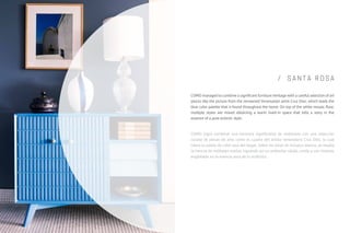 / S A N T A R O S A
COMO managed to combine a signiﬁcant furniture heritage with a careful selection of art
pieces like the picture from the renowned Venezuelan artist Cruz Diez; which leads the
blue color palette that is found throughout the home. On top of the white mosaic ﬂoor,
multiple styles are mixed obtaining a warm lived-in space that tells a story in the
essence of a pure eclectic style.
COMO logró combinar una herencia signiﬁcativa de mobiliario con una selección
curada de piezas de arte, como el cuadro del artista venezolano Cruz Diez, la cual
lidera la paleta de color azul del hogar. Sobre los pisos de mosaico blanco, se resalta
la mezcla de múltiples estilos, logrando así un ambiente cálido, vivido y con historia,
englobado en la esencia pura de lo ecléctico.
 