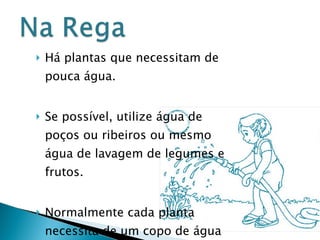 Há plantas que necessitam de pouca água. Se possível, utilize água de poços ou ribeiros ou mesmo água de lavagem de legumes e frutos. Normalmente cada planta necessita de um copo de água por dia. 