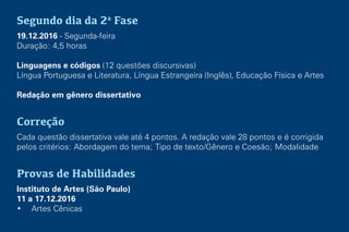 Segundo dia da 2a
Fase
19.12.2016 - Segunda-feira
Duração: 4,5 horas
Linguagens e códigos (12 questões discursivas)
Língua Portuguesa e Literatura, Língua Estrangeira (Inglês), Educação Física e Artes
Redação em gênero dissertativo
Correção
Cada questão dissertativa vale até 4 pontos. A redação vale 28 pontos e é corrigida
pelos critérios: Abordagem do tema; Tipo de texto/Gênero e Coesão; Modalidade
Provas de Habilidades
Instituto de Artes (São Paulo)
11 a 17.12.2016
• Artes Cênicas
 