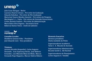 Julio Cezar Durigan - Reitor
Laurence Duarte Colvara - Pró-reitor de Graduação
Eduardo Kokubun - Pró-reitor de Pós-Graduação
Maria José Soares Mendes Giannini - Pró-reitora de Pesquisa
Mariângela S. L. Fujita - Pró-reitora de Extensão Universitária
Carlos Antonio Gamero - Pró-reitor de Administração
Maria Dalva Silva Pagotto - Secretária Geral
Roberval Daiton Vieira - Chefe de Gabinete
Conselho Curador
Humberto Gennari Filho - Presidente
José Eduardo Corá - Vice-presidente
Titulares
Antonio Nivaldo Hespanhol, Carlos Augusto
Pavanelli, Ivan Esperança Rocha, José Roberto
Ernandes, Luiz Malcolm Mano de Mello, Marcos
Fernando Pupo Nogueira, Marcos Valério Ribeiro
Diretoria Executiva
Diretora-presidente
Sheila Zambello de Pinho
Superintendente Acadêmica
Tania C. A. Macedo de Azevedo
Superintendente Administrativo
Ricardo Samih G. Abi Rached
Superintendente de Planejamento
Carlos Augusto A. Valadão
 