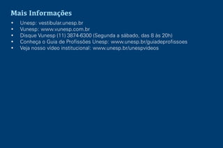 Mais Informações
• Unesp: vestibular.unesp.br
• Vunesp: www.vunesp.com.br
• Disque Vunesp (11) 3874-6300 (Segunda a sábado, das 8 às 20h)
• Conheça o Guia de Profissões Unesp: www.unesp.br/guiadeprofissoes
• Veja nosso vídeo institucional: www.unesp.br/unespvideos
 