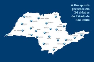A Unesp está
presente em
24 cidades
do Estado de
São Paulo
SãoVicente
São Paulo
Sorocaba
S. J. dos Campos
Guaratinguetá
Rio Claro
S. João
da BoaVista
Botucatu
Bauru
Araraquara
Jaboticabal
Franca
Araçatuba
Dracena
S. José do Rio Preto
Ilha Solteira
Pres. Prudente
Marília
Assis
Tupã
Rosana
Itapeva
Ourinhos
Registro
 