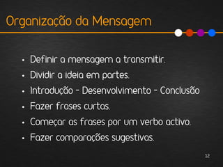 Organização da Mensagem


  • Definir a mensagem a transmitir.
  • Dividir a ideia em partes.
  • Introdução – Desenvolvimento – Conclusão
  • Fazer frases curtas.
  • Começar as frases por um verbo activo.
  • Fazer comparações sugestivas.
                                               12
 