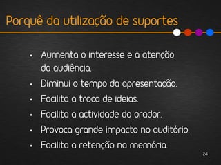 Porquê da utilização de suportes

    • Aumenta o interesse e a atenção
      da audiência.
    • Diminui o tempo da apresentação.
    • Facilita a troca de ideias.
    • Facilita a actividade do orador.
    • Provoca grande impacto no auditório.
    • Facilita a retenção na memória.
                                             24
 