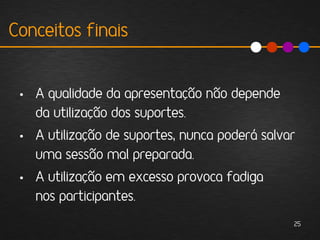 Conceitos finais


 • A qualidade da apresentação não depende
   da utilização dos suportes.
 • A utilização de suportes, nunca poderá salvar
   uma sessão mal preparada.
 • A utilização em excesso provoca fadiga
   nos participantes.
                                               25
 