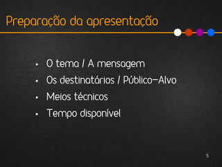 Preparação da apresentação


     • O tema / A mensagem
     • Os destinatários / Público-Alvo
     • Meios técnicos
     • Tempo disponível



                                         5
 