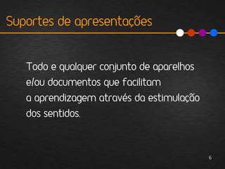 Suportes de apresentações


   Todo e qualquer conjunto de aparelhos
   e/ou documentos que facilitam
   a aprendizagem através da estimulação
   dos sentidos.



                                           6
 