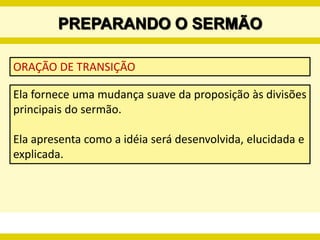 PREPARANDO O SERMÃOANOTAÇÕES IMPORTANTESApós o processo de estudos exegéticos e hermenêuticos, o/a pregador/a deve organizar sistematicamente as anotações para a sua exposição. Quanto maior clareza tiver ao fazer os apontamentos, mais clareza terá ao apresentá-los.O/a pregador/a pode organizar suas anotações de várias formas... dependerá da situação e de seu estilo de comunicação.