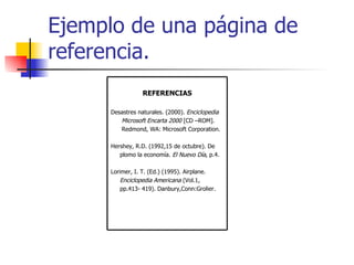 Ejemplo de una página de referencia. REFERENCIAS Desastres naturales. (2000).  Enciclopedia Microsoft Encarta 2000  [CD –R...