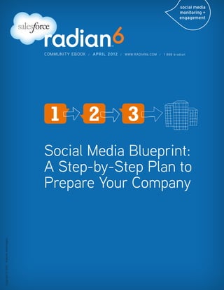 Community Ebook / April 2012
                                                                                                          Social Media Blueprint: A Step-by-Step Plan to Prepare Your Company




                                                            COMMUNITY EBOOK              /   APRIL 2012    /     WWW.RADIAN6.COM /              1 888 6radian




                                                            Social Media Blueprint:
                                                            A
                                                             Step-by-Step Plan to
                                                            Prepare Your Company
Copyright © 2012 - Radian6 Technologies




                                          www.radian6.com
                                          1 888 6RADIAN 1 888 672-3426   /   community@radian6.com 		          Copyright © 2012 Radian6 Technologies                      [1]
 