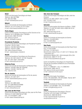 Natal
Centro de Informação Toxicológica de Natal
Telefone: (84) 232-7969
Fax: (84) 232-7909
E-mail: rivaneteb@bol.com.br
Niterói
Centro de Controle de Intoxicações de Niterói
Telefone: (21) 2717-0148; (21) 2717-0521
E-mail: anamoraes@redialnet.com.br
Porto Alegre
Centro de Informações Toxicológicas do Rio Grande do Sul
Telefone: (51) 2139.9200 e fax: 2139.9201
Atendimento: 0800 78 02 00
Site: www.cit.rs.gov.br
E-mail: cit@fepps.rs.gov.br
Presidente Prudente
Centro de Atendimento Toxicológico de Presidente Prudente
Fone/Fax: (18) 231.4422
Telefone: (18) 229-1500 (Plantão)
Telefone: (18) 9771-2286
Site: www.unoeste.br/ceatox
E-mail : ceatox@apec.unoeste.br
Recife
Centro de Assistência Toxicológica de Pernambuco
Telefone: (81) 3421.5444 R. 151 (Tel. Hospital)
Fax: (81) 3421.5927 / 3423-8263
E-mail: americojr@uol.com.br
Ribeirão Preto
Centro de Controle de Intoxicações de Ribeirão Preto
Telefone: (16) 602-1000 (Tel. Hospital)
Telefone: (16) 602.1190 (Tel. CIT)
Fax: (16) 610.1375
Rio de Janeiro
Centro de Controle de Intoxicações do Rio de Janeiro
Telefone: (21) 2521-4271
E-mail: robertohbelo@yahoo.com.br

São Jose dos Campos
Centro de Informação Toxicológica de São José dos
Campos
Telefone:(12) 3901.3400 R. 3431 ou 3449
Fax: (12) 3912-1232
E-mail: hmjcf@iconet.com.br
Salvador
Centro de Informações Anti-Veneno da Bahia - CIAVE
Telefone: (71) 387.3414/387-4343 e 0800 284 43 43
Fax: (71) 387.3414
Site: www.ciave.hpg.com.br
E-mail: ciave@saude.ba.gov.br
Santos
Centro de Controle de Intoxicações de Santos
Telefone: (13) 3222.2878
Fax: (13) 3222.2654
E-mail: cci.santos@gmail.com
São Paulo
Centro de Controle de Intoxicações de São Paulo Fone/
Fax: (11) 5012/2399
CIT Fone: (11) 5012-5311
Atendimento médico Fone: (11) 5011-5111 Ramais: 250
- Laboratório 251 Atendimento Médico 252 - Administração 253 e 254
Atendimento: 0800 771 37 33
E-mail: smscci@prefeitura.sp.gov.br
Centro de Assitência Toxicológica do Hospital das
Clínicas da Faculdade de Medicina da Universidade
de São Paulo
Fone: (11) 3069.8571 - Fax: (11) 3088.9431
Atendimento: 0800.148110
Site: www.ucr.hcnet.usp.br/ceatox
e-mail: ceatox@icr.hcnet.usp.br
Sergipe
Centro de Informação Toxicológica
Fones: (79) 3259-3645, (79) 3216-2600 - Ramal: 2677
E-mail: sescit@hgjaf.se.gov.br

FIOCRUZ
Telefone: (21) 3865-3246
Fax: (21) 2260.9944/22702668
Site: www.fiocruz.br/sinitox
E-mail: sinitox@fiocruz.br

Taubaté
Centro de Controle de Intoxicações de Taubaté
Telefone: (12) 232.6565 - Fax: (12) 232.6565
E-mail: crisfugliene@ig.com.br

São Jose do Rio Preto
Centro de Informação Toxicológica de São José do Rio Preto
Telefone:(17) 3201.5000 Ramal 1380
Fax: (17) 210-5000 R. 1560
E-mail: ceatox.hbase@famep.br

Vitória
Centro de Atendimento Toxicológico (Toxcen)
Fone/Fax: (27) 3137-2400 / 3137-2406
Atendimento: 0800 283 99 04
E-mail: toxcen@saude.es.gov.br ou
sonytho@terra.com.br

 