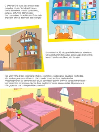 O BANHEIRO é outra área em que todo
cuidado é pouco. Tem desodorantes,
creme de barbear, tinturas para cabelo,
xampus, perfumes, cosméticos e
desodorizadores de ambientes. Deixe tudo
longe dos olhos e das mãos das crianças!

Em muitas SALAS são guardadas bebidas alcoólicas.
Se não estiverem trancadas, a criança pode encontrar.
Mesmo no alto, ela dá um jeito de subir.

Nos QUARTOS, é fácil encontrar perfumes, cosméticos, naftalina nas gavetas e inseticidas.
Não se deve guardar remédios no criado mudo, ou em armários fáceis de abrir.
Anticoncepcionais ou calmantes são pílulas coloridas e podem provocar sérios problemas se
forem ingeridos por crianças. Nunca deixe medicamentos ao alcance delas. Já pensou se a
criança pensar que o comprimido é uma bala?



 