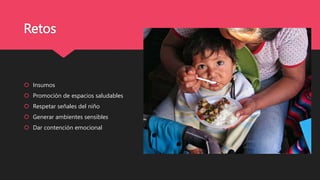 Retos
 Insumos
 Promoción de espacios saludables
 Respetar señales del niño
 Generar ambientes sensibles
 Dar contención emocional
 