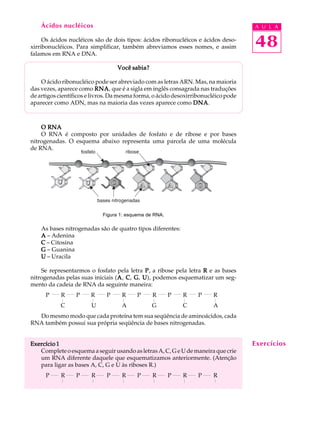 48
A U L AÁcidos nucléicos
Os ácidos nucléicos são de dois tipos: ácidos ribonucléicos e ácidos deso-
xirribonucléicos. Para simplificar, também abreviamos esses nomes, e assim
falamos em RNA e DNA.
Você sabia?Você sabia?Você sabia?Você sabia?Você sabia?
O ácido ribonucléico pode ser abreviado com as letras ARN. Mas, na maioria
das vezes, aparece como RNARNARNARNARNA, que é a sigla em inglês consagrada nas traduções
de artigos científicos e livros. Da mesma forma, o ácido desoxirribonucléico pode
aparecer como ADN, mas na maioria das vezes aparece como DNADNADNADNADNA.
O RNAO RNAO RNAO RNAO RNA
O RNA é composto por unidades de fosfato e de ribose e por bases
nitrogenadas. O esquema abaixo representa uma parcela de uma molécula
de RNA.
Figura 1: esquema de RNA.
As bases nitrogenadas são de quatro tipos diferentes:
AAAAA – Adenina
CCCCC – Citosina
GGGGG – Guanina
UUUUU – Uracila
Se representarmos o fosfato pela letra PPPPP, a ribose pela letra RRRRR e as bases
nitrogenadas pelas suas iniciais (AAAAA, CCCCC, GGGGG, UUUUU), podemos esquematizar um seg-
mento da cadeia de RNA da seguinte maneira:
P R P R P R P R P R P R
C U A G C A
Do mesmo modo que cada proteína tem sua seqüência de aminoácidos, cada
RNA também possui sua própria seqüência de bases nitrogenadas.
Exercício 1Exercício 1Exercício 1Exercício 1Exercício 1
CompleteoesquemaaseguirusandoasletrasA,C,GeUdemaneiraquecrie
um RNA diferente daquele que esquematizamos anteriormente. (Atenção
para ligar as bases A, C, G e U às riboses R.)
P R P R P R P R P R P R
Exercícios
 