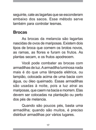 seguinte, cate as lagartas que se esconderam 
embaixo dos sacos. Esse método serve 
também para controlar lesmas. 
Brocas 
As brocas da melancia são lagartas 
nascidas de ovos de mariposas. Existem dois 
tipos de broca que comem os brotos novos, 
as ramas, as flores e furam os frutos. As 
plantas secam, e os frutos apodrecem. 
Você pode combater as brocas com 
armadilhas de luz. A armadilha luminosa nada 
mais é do que uma lâmpada elétrica, ou 
lampião, colocada acima de uma bacia com 
água, ou óleo queimado. Essas armadilhas 
são usadas à noite, pois a luz atrai as 
mariposas, que caem na bacia e morrem. Elas 
devem ser colocadas na plantação ou perto 
dos pés de melancia. 
Quando são poucos pés, basta uma 
armadilha; quando são muitos, é preciso 
distribuir armadilhas por vários lugares. 
17 
 