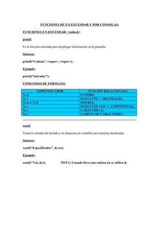 FUNCIONES DE E/S ESTÁNDAR Y POR CONSOLAS:

FUNCIONES E/S ESTÁNDAR: <stdio.h>

printf:

Es la función utilizada para desplegar información en la pantalla.

Sintaxis:

printf(“Cadena”, <espec>, <espec>);

Ejemplo:

printf(“Salvador”);

COMANDOS DE FORMATO:

          ESPECIFICADOR                         FUNCIÓN RELACIONADA
%d                                           ENTERO.
%f                                           FLOTANTE --- DECIMALES.
% le ó % lf                                  DOUBLE.
%e                                           FLOTANTE CON V. EXPONENCIAL.
%c                                           CARÁCTER (1).
%s                                           CADENA DE CARACTERES.


scanf:

Toma la entrada del teclado y la almacena en variables previamente declaradas.

Sintaxis:

scanf(“Especificador”, &var);

Ejemplo:

scanf(“%d, &x);              NOTA: Cuando lleva una cadena no se utiliza &.
 