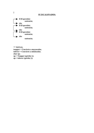 }
                             IF ESCALONADOS:

      if (Expresión)
             sentencia;
      else
      if (Expresión)
             sentencia;
      else
      if (Expresión)
             sentencia;
      else
             sentencia;



** NOTAS:
toupper = Convierte a mayusculas.
tolower = Convierte a minúsculas.
char op;
op = Toupper (getche( ));
op = tolower (getche( ));
 