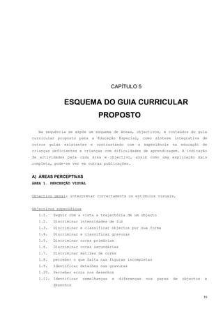 CAPÍTULO 5


                  ESQUEMA DO GUIA CURRICULAR
                                   PROPOSTO

  Na sequência se expõe um esquema de áreas, objectivos, e conteúdos do guia
curricular proposto para a Educação Especial, como síntese integrativa de
outros    guias   existentes   e   contrastando   com   a   experiência   na   educação   de
crianças deficientes e crianças com dificuldades de aprendizagem. A indicação
de actividades para cada área e objectivo, assim como uma explicação mais
completa, pode-se ver em outras publicações.


A) ÁREAS PERCEPTIVAS
ÁREA 1. PERCEPÇÃO VISUAL


Objectivo geral: interpretar correctamente os estímulos visuais.


Objectivos específicos
   1.1.    Seguir com a vista a trajectória de um objecto
   1.2.    Discriminar intensidades de luz
   1.3.    Discriminar e classificar objectos por sua forma
   1.4.    Discriminar e classificar gravuras
   1.5.    Discriminar cores primárias
   1.6.    Discriminar cores secundárias
   1.7.    Discriminar matizes de cores
   1.8.    perceber o que falta nas figuras incompletas
   1.9.    Identificar detalhes nas gravuras
   1.10. Perceber erros nos desenhos
   1.11. Identificar      semelhanças    e   diferenças     nos   pares   de   objectos   e
           desenhos


                                                                                          16
 
