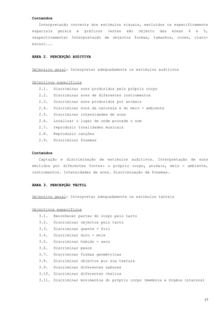 Conteúdos
  Interpretação correcta dos estímulos visuais, excluídos os especificamente
espaciais    gerais   e   gráficos    (estes   são   objecto   das   áreas   4   e   5,
respectivamente) Interpretação de objectos formas, tamanhos, cores, claro-
escuro...


ÁREA 2. PERCEPÇÃO AUDITIVA


Objectivo geral: Interpretar adequadamente os estímulos auditivos


Objectivos específicos
   2.1.     Discriminar sons produzidos pelo próprio corpo
   2.2.     Discriminar sons de diferentes instrumentos
   2.3.     Discriminar sons produzidos por animais
   2.4.     Discriminar sons da natureza e do meio - ambiente
   2.5.     Discriminar intensidades de sons
   2.6.     Localizar o lugar de onde procede o som
   2.7.     reproduzir tonalidades musicais
   2.8.     Reproduzir canções
   2.9.     Discriminar fonemas


Conteúdos
   Captação e discriminação de estímulos auditivos. Interpretação de sons
emitidos por diferentes fontes: o próprio corpo, animais, meio - ambiente,
instrumentos. Intensidades de sons. Discriminação de fonemas.


ÁREA 3. PERCEPÇÃO TÁCTIL


Objectivo geral: Interpretar adequadamente os estímulos tácteis


Objectivos específicos
   3.1.     Reconhecer partes do corpo pelo tacto
   3.2.     Discriminar objectos pelo tacto
   3.3.     Discriminar quente - frio
   3.4.     Discriminar duro - mole
   3.5.     Discriminar húmido - seco
   3.6.     Discriminar pesos
   3.7.     Discriminar formas geométricas
   3.8.     Discriminar objectos por sua textura
   3.9.     Discriminar diferentes sabores
   3.10. Discriminar diferentes cheiros
   3.11. Discriminar movimentos do próprio corpo (membros e órgãos internos)




                                                                                     17
 