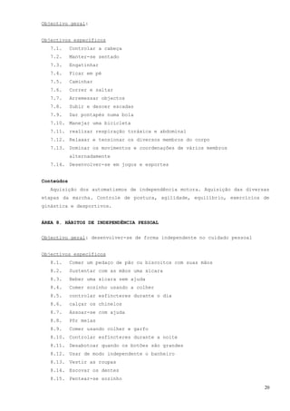 Objectivo geral:


Objectivos específicos
   7.1.     Controlar a cabeça
   7.2.     Manter-se sentado
   7.3.     Engatinhar
   7.4.     Ficar em pé
   7.5.     Caminhar
   7.6.     Correr e saltar
   7.7.     Arremessar objectos
   7.8.     Subir e descer escadas
   7.9.     Dar pontapés numa bola
   7.10. Manejar uma bicicleta
   7.11. realizar respiração toráxica e abdominal
   7.12. Relaxar e tensionar os diversos membros do corpo
   7.13. Dominar os movimentos e coordenações de vários membros
            alternadamente
   7.14. Desenvolver-se em jogos e esportes


Conteúdos
   Aquisição dos automatismos de independência motora. Aquisição das diversas
etapas da marcha. Controle de postura, agilidade, equilíbrio, exercícios de
ginástica e desportivos.


ÁREA 8. HÁBITOS DE INDEPENDÊNCIA PESSOAL


Objectivo geral: desenvolver-se de forma independente no cuidado pessoal


Objectivos específicos
   8.1.     Comer um pedaço de pão ou biscoitos com suas mãos
   8.2.     Sustentar com as mãos uma xícara
   8.3.     Beber uma xícara sem ajuda
   8.4.     Comer sozinho usando a colher
   8.5.     controlar esfíncteres durante o dia
   8.6.     calçar os chinelos
   8.7.     Assoar-se com ajuda
   8.8.     Pôr meias
   8.9.     Comer usando colher e garfo
   8.10. Controlar esfíncteres durante a noite
   8.11. Desabotoar quando os botões são grandes
   8.12. Usar de modo independente o banheiro
   8.13. Vestir as roupas
   8.14. Escovar os dentes
   8.15. Pentear-se sozinho
                                                                           20
 