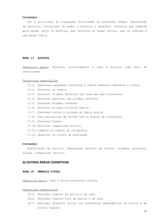 Conteúdos
   Uso e utilização da linguagem. Facilidade na expressão verbal. Explicação
de gravuras. Atribuição de nomes a objectos e desenhos. Palavras que começam
pela mesma letra ou prefixo, que terminam no mesmo sufixo, que se referem a
uma mesma ideia.




ÁREA 17. ESCRITA


Objectivo    geral:   Escrever   correctamente   e   usar   a   escrita   como   meio   de
comunicação


Objectivos específicos
   17.1. Expressar pequenas histórias e ideias mediante desenhos e sinais
   17.2. Escrever as vogais
   17.3. escrever sílabas directas com cada uma das consoantes
   17.4. Escrever palavras com sílabas directas
   17.5. Escrever sílabas inversas
   17.6. Escrever sílabas directas duplas
   17.7. Escrever letras e sílabas de dupla grafia
   17.8. Usar maiúsculas de acordo com as normas de ortografia
   17.9. Escrever frases
   17.10. Realizar composição escrita
   17.11. Cumprir as regras de ortografia
   17.12. Observar os sinais de pontuação


Conteúdos
   Assimilação da escrita. Reprodução gráfica de letras, sílabas, palavras,
frases. Composição escrita.


D) OUTRAS ÁREAS COGNITIVAS


ÁREA 18. MEMÓRIA VISUAL


Objectivo geral: Usar e evoca estímulos visuais


Objectivos específicos
   18.1. Recordar lugares da escola e da casa
   18.2. Recordar lugares fora da escola e da casa
   18.3. Recordar objectos vistos nas diferentes dependências da escola e de
            outros lugares
                                                                                        25
 