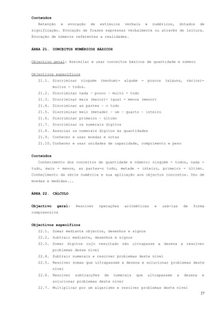 Conteúdos
   Retenção    e    evocação   de    estímulos   verbais       e     numéricos,       dotados    de
significação. Evocação de frases expressas verbalmente ou através de leitura.
Evocação de números referentes a realidades.


ÁREA 21. CONCEITOS NUMÉRICOS BÁSICOS


Objectivo geral: Assimilar e usar conceitos básicos de quantidade e número


Objectivos específicos
   21.1. Discriminar     ninguém     (nenhum)-   alguém    -       poucos    (alguns,    vários)-
            muitos - todos.
   21.2. Discriminar nada – pouco – muito - tudo
   21.3. Discriminar mais (maior)- igual - menos (menor)
   21.4. Discriminar as partes – o todo
   21.5. Discriminar meio (metade) – um – quarto – inteiro
   21.6. Discriminar primeiro – último
   21.7. Discriminar os numerais dígitos
   21.8. Associar os numerais dígitos às quantidades
   21.9. Conhecer e usar moedas e notas
   21.10. Conhecer e usar unidades de capacidade, comprimento e peso


Conteúdos
   Conhecimento dos conceitos de quantidade e número: ninguém - todos, nada -
tudo, mais - menos, as partes-o todo, metade - inteiro, primeiro - último.
Conhecimento da série numérica e sua aplicação aos objectos concretos. Uso de
moedas e medidas...


ÁREA 22. CÁLCULO


Objectivo     geral:   Resolver     operações    aritméticas          e     usá-las     de   forma
compreensiva


Objectivos específicos
   22.1. Somar mediante objectos, desenhos e signos
   22.2. Subtrair mediante, desenhos e signos
   22.3. Somar dígitos cujo resultado não ultrapasse a dezena a resolver
            problemas desse nível
   22.4. Subtrair numerais e resolver problemas deste nível
   22.5. Resolver somas que ultrapassem a dezena e solucionar problemas deste
            nível
   22.6. Resolver      subtracções    de   numerais   que          ultrapassem    a     dezena   e
            solucionar problemas deste nível
   22.7. Multiplicar por um algarismo e resolver problemas deste nível
                                                                                                 27
 