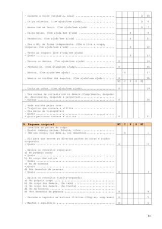 - Durante a noite (Urinário, anal) ..........................                      X    10

. Calça chinelos. (Com ajuda/sem ajuda)......................                      X    6

. Assoa com um lenço. (Com ajuda/sem ajuda) .................                      X    7

. Calça meias. (Com ajuda/sem ajuda) ........................              X            8

. Desabotoa. (Com ajuda/sem ajuda) ..........................              X            11

. Usa o WC, de forma independente. (Põe e tira a roupa,
limpa-se. Com ajuda/sem ajuda) ..............................              X            12

. Veste as roupas: (Com ajuda/sem ajuda)
- Quais .....................................................              X            13

. Escova os dentes. (Com ajuda/sem ajuda) ...................     X                     14

. Penteia-se. (Com ajuda/sem ajuda)..........................     X                     15

. Abotoa. (Com ajuda/sem ajuda) .............................          X                17

. Amarra os cordões dos sapatos. (Com ajuda/sem ajuda).......      X                    18
                                                                  NI   I   P   S   SI


. Corta as unhas. (Com ajuda/sem ajuda)......................     X                     19

. Usa normas de cortesia com os demais.(Cumprimenta, despede-
se, desculpa-se, responde a perguntas).......................
- Outras ....................................................     X                     20

.   Anda sozinha pelas ruas:
-   Trajectos que conhece e utiliza ...........................
.   Usa meios de transportes:
-   Quais .....................................................
-   Quais percursos conhece e utiliza .........................   X                     21


9. Esquema corporal                                               NI   I   P   S   SI
. Localiza as partes do corpo
- Quais: cabeça, pernas, braços, olhos ......................
- (Em seu corpo, nos demais, nos desenhos)...................          X                1

. Diz para que servem as diversas partes do corpo e órgãos
corporais:
- Quais .....................................................     X                     2

. Aplica os conceitos espaciais:
a) No próprio corpo
- Quais .....................................................
b) No corpo dos outros
- Quais .....................................................
c) No de bonecos
- Quais .....................................................
d) Nos desenhos de pessoas
- Quais .....................................................     X                     3

. Aplica os conceitos direita-esquerda:
a) No próprio corpo .........................................
b) No corpo dos demais. (De lado) ...........................
c) No corpo dos demais. (De frente) .........................
d) No de bonecos ............................................
e) Nos desenhos de pessoas ..................................     X                     4

. Percebe e reproduz estruturas rítmicas.(Simples, complexas)     X                     5

. Mantém o equilíbrio .......................................     X                     6




                                                                                        44
 