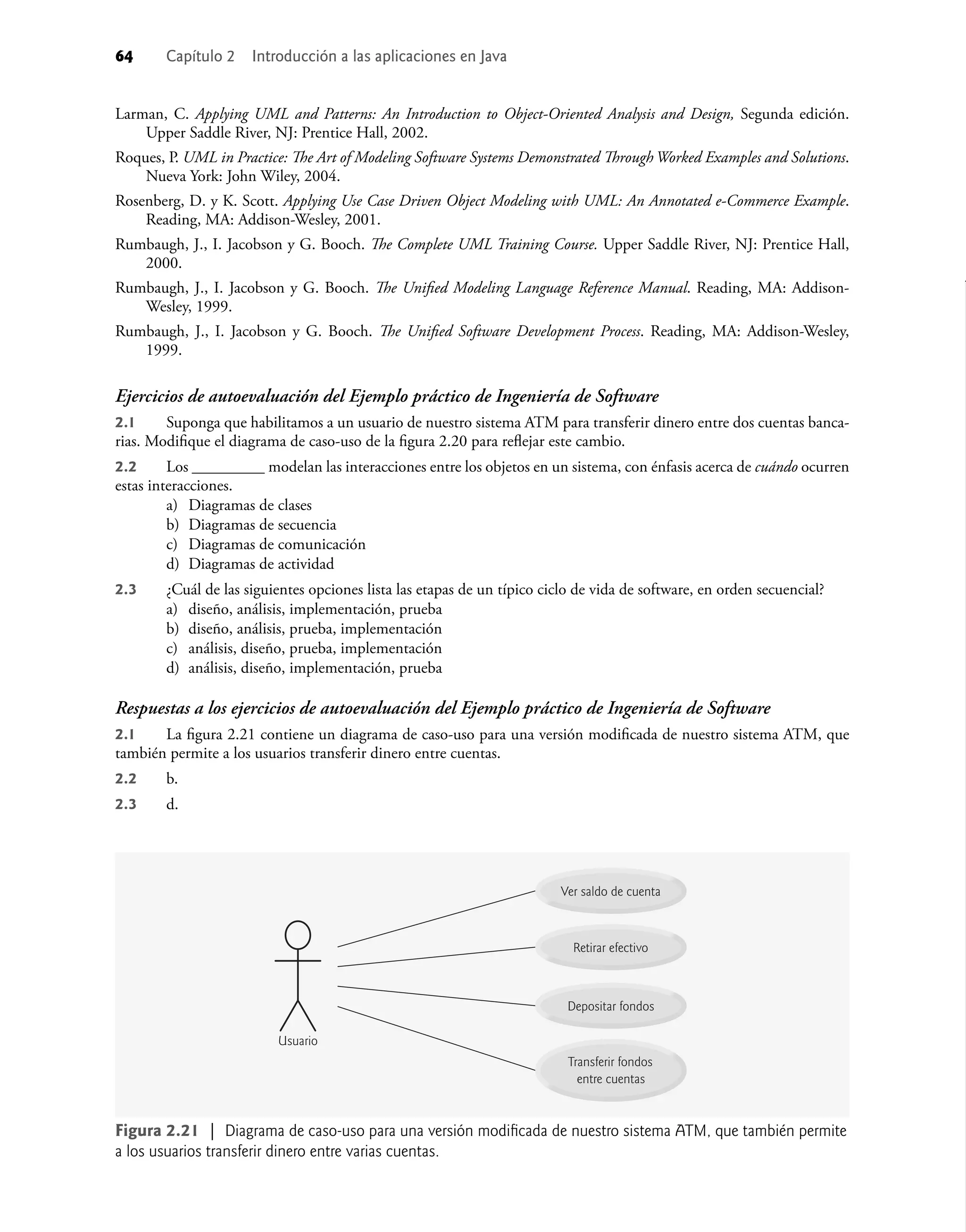64 Capítulo 2 Introducción a las aplicaciones en Java
Larman, C. Applying UML and Patterns: An Introduction to Object-Oriented Analysis and Design, Segunda edición.
Upper Saddle River, NJ: Prentice Hall, 2002.
Roques, P. UML in Practice: The Art of Modeling Software Systems Demonstrated Through Worked Examples and Solutions.
Nueva York: John Wiley, 2004.
Rosenberg, D. y K. Scott. Applying Use Case Driven Object Modeling with UML: An Annotated e-Commerce Example.
Reading, MA: Addison-Wesley, 2001.
Rumbaugh, J., I. Jacobson y G. Booch. The Complete UML Training Course. Upper Saddle River, NJ: Prentice Hall,
2000.
Rumbaugh, J., I. Jacobson y G. Booch. The Uniﬁed Modeling Language Reference Manual. Reading, MA: Addison-
Wesley, 1999.
Rumbaugh, J., I. Jacobson y G. Booch. The Uniﬁed Software Development Process. Reading, MA: Addison-Wesley,
1999.
Ejercicios de autoevaluación del Ejemplo práctico de Ingeniería de Software
2.1 Suponga que habilitamos a un usuario de nuestro sistema ATM para transferir dinero entre dos cuentas banca-
rias. Modiﬁque el diagrama de caso-uso de la ﬁgura 2.20 para reﬂejar este cambio.
2.2 Los modelan las interacciones entre los objetos en un sistema, con énfasis acerca de cuándo ocurren
estas interacciones.
a) Diagramas de clases
b) Diagramas de secuencia
c) Diagramas de comunicación
d) Diagramas de actividad
2.3 ¿Cuál de las siguientes opciones lista las etapas de un típico ciclo de vida de software, en orden secuencial?
a) diseño, análisis, implementación, prueba
b) diseño, análisis, prueba, implementación
c) análisis, diseño, prueba, implementación
d) análisis, diseño, implementación, prueba
Respuestas a los ejercicios de autoevaluación del Ejemplo práctico de Ingeniería de Software
2.1 La ﬁgura 2.21 contiene un diagrama de caso-uso para una versión modiﬁcada de nuestro sistema ATM, que
también permite a los usuarios transferir dinero entre cuentas.
2.2 b.
2.3 d.
Transferir fondos
entre cuentas
Depositar fondos
Retirar efectivo
Ver saldo de cuenta
Usuario
Figura 2.21 | Diagrama de caso-uso para una versión modiﬁcada de nuestro sistema ATM, que también permite
a los usuarios transferir dinero entre varias cuentas.
 