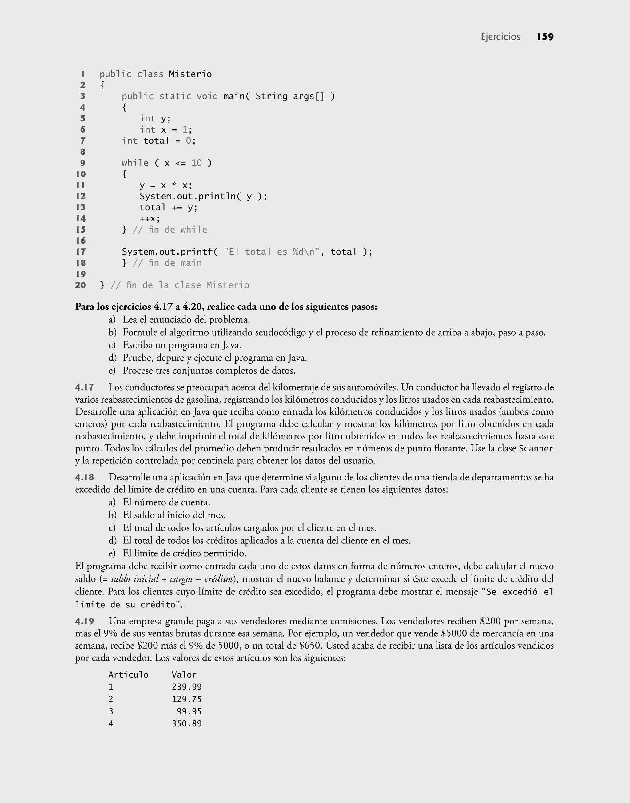 1 public class Misterio
2 {
3 public static void main( String args[] )
4 {
5 int y;
6 int x = 1;
7 int total = 0;
8
9 while ( x <= 10 )
10 {
11 y = x * x;
12 System.out.println( y );
13 total += y;
14 ++x;
15 } // ﬁn de while
16
17 System.out.printf( "El total es %dn", total );
18 } // ﬁn de main
19
20 } // ﬁn de la clase Misterio
Para los ejercicios 4.17 a 4.20, realice cada uno de los siguientes pasos:
a) Lea el enunciado del problema.
b) Formule el algoritmo utilizando seudocódigo y el proceso de reﬁnamiento de arriba a abajo, paso a paso.
c) Escriba un programa en Java.
d) Pruebe, depure y ejecute el programa en Java.
e) Procese tres conjuntos completos de datos.
4.17 Los conductores se preocupan acerca del kilometraje de sus automóviles. Un conductor ha llevado el registro de
varios reabastecimientos de gasolina, registrando los kilómetros conducidos y los litros usados en cada reabastecimiento.
Desarrolle una aplicación en Java que reciba como entrada los kilómetros conducidos y los litros usados (ambos como
enteros) por cada reabastecimiento. El programa debe calcular y mostrar los kilómetros por litro obtenidos en cada
reabastecimiento, y debe imprimir el total de kilómetros por litro obtenidos en todos los reabastecimientos hasta este
punto. Todos los cálculos del promedio deben producir resultados en números de punto ﬂotante. Use la clase Scanner
y la repetición controlada por centinela para obtener los datos del usuario.
4.18 Desarrolle una aplicación en Java que determine si alguno de los clientes de una tienda de departamentos se ha
excedido del límite de crédito en una cuenta. Para cada cliente se tienen los siguientes datos:
a) El número de cuenta.
b) El saldo al inicio del mes.
c) El total de todos los artículos cargados por el cliente en el mes.
d) El total de todos los créditos aplicados a la cuenta del cliente en el mes.
e) El límite de crédito permitido.
El programa debe recibir como entrada cada uno de estos datos en forma de números enteros, debe calcular el nuevo
saldo (= saldo inicial + cargos – créditos), mostrar el nuevo balance y determinar si éste excede el límite de crédito del
cliente. Para los clientes cuyo límite de crédito sea excedido, el programa debe mostrar el mensaje "Se excedió el
límite de su crédito".
4.19 Una empresa grande paga a sus vendedores mediante comisiones. Los vendedores reciben $200 por semana,
más el 9% de sus ventas brutas durante esa semana. Por ejemplo, un vendedor que vende $5000 de mercancía en una
semana, recibe $200 más el 9% de 5000, o un total de $650. Usted acaba de recibir una lista de los artículos vendidos
por cada vendedor. Los valores de estos artículos son los siguientes:
Artículo Valor
1 239.99
2 129.75
3 99.95
4 350.89
Ejercicios 159
 