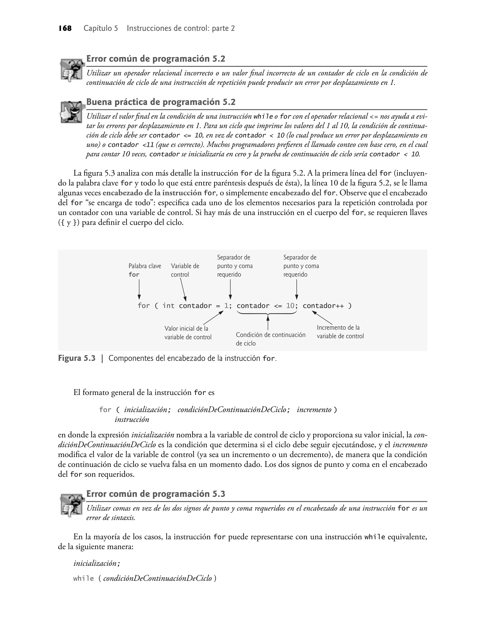 168 Capítulo 5 Instrucciones de control: parte 2
Error común de programación 5.2
Utilizar un operador relacional incorrecto o un valor ﬁnal incorrecto de un contador de ciclo en la condición de
continuación de ciclo de una instrucción de repetición puede producir un error por desplazamiento en 1.
Buena práctica de programación 5.2
Utilizar el valor ﬁnal en la condición de una instrucción while o for con el operador relacional <= nos ayuda a evi-
tar los errores por desplazamiento en 1. Para un ciclo que imprime los valores del 1 al 10, la condición de continua-
ción de ciclo debe ser contador <= 10, en vez de contador < 10 (lo cual produce un error por desplazamiento en
uno) o contador <11 (que es correcto). Muchos programadores preﬁeren el llamado conteo con base cero, en el cual
para contar 10 veces, contador se inicializaría en cero y la prueba de continuación de ciclo sería contador < 10.
La ﬁgura 5.3 analiza con más detalle la instrucción for de la ﬁgura 5.2. A la primera línea del for (incluyen-
do la palabra clave for y todo lo que está entre paréntesis después de ésta), la línea 10 de la ﬁgura 5.2, se le llama
algunas veces encabezado de la instrucción for, o simplemente encabezado del for. Observe que el encabezado
del for “se encarga de todo”: especiﬁca cada uno de los elementos necesarios para la repetición controlada por
un contador con una variable de control. Si hay más de una instrucción en el cuerpo del for, se requieren llaves
({ y }) para deﬁnir el cuerpo del ciclo.
Valor inicial de la
variable de control Condición de continuación
de ciclo
Incremento de la
variable de control
Palabra clave
for
Variable de
control
Separador de
punto y coma
requerido
Separador de
punto y coma
requerido
for ( int contador = 1; contador <= 10; contador++ )
Figura 5.3 | Componentes del encabezado de la instrucción for.
El formato general de la instrucción for es
for ( inicialización; condiciónDeContinuaciónDeCiclo; incremento )
instrucción
en donde la expresión inicialización nombra a la variable de control de ciclo y proporciona su valor inicial, la con-
diciónDeContinuaciónDeCiclo es la condición que determina si el ciclo debe seguir ejecutándose, y el incremento
modiﬁca el valor de la variable de control (ya sea un incremento o un decremento), de manera que la condición
de continuación de ciclo se vuelva falsa en un momento dado. Los dos signos de punto y coma en el encabezado
del for son requeridos.
Error común de programación 5.3
Utilizar comas en vez de los dos signos de punto y coma requeridos en el encabezado de una instrucción for es un
error de sintaxis.
En la mayoría de los casos, la instrucción for puede representarse con una instrucción while equivalente,
de la siguiente manera:
inicialización;
while ( condiciónDeContinuaciónDeCiclo )
 