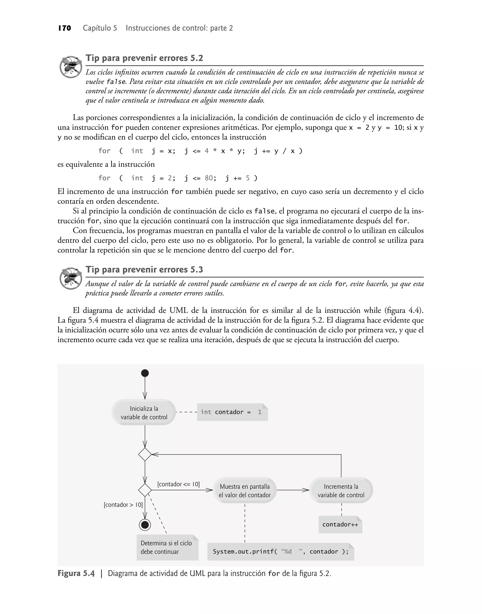 170 Capítulo 5 Instrucciones de control: parte 2
Tip para prevenir errores 5.2
Los ciclos inﬁnitos ocurren cuando la condición de continuación de ciclo en una instrucción de repetición nunca se
vuelve false. Para evitar esta situación en un ciclo controlado por un contador, debe asegurarse que la variable de
control se incremente (o decremente) durante cada iteración del ciclo. En un ciclo controlado por centinela, asegúrese
que el valor centinela se introduzca en algún momento dado.
Las porciones correspondientes a la inicialización, la condición de continuación de ciclo y el incremento de
una instrucción for pueden contener expresiones aritméticas. Por ejemplo, suponga que x = 2 y y = 10; si x y
y no se modiﬁcan en el cuerpo del ciclo, entonces la instrucción
for ( int j = x; j <= 4 * x * y; j += y / x )
es equivalente a la instrucción
for ( int j = 2; j <= 80; j += 5 )
El incremento de una instrucción for también puede ser negativo, en cuyo caso sería un decremento y el ciclo
contaría en orden descendente.
Si al principio la condición de continuación de ciclo es false, el programa no ejecutará el cuerpo de la ins-
trucción for, sino que la ejecución continuará con la instrucción que siga inmediatamente después del for.
Con frecuencia, los programas muestran en pantalla el valor de la variable de control o lo utilizan en cálculos
dentro del cuerpo del ciclo, pero este uso no es obligatorio. Por lo general, la variable de control se utiliza para
controlar la repetición sin que se le mencione dentro del cuerpo del for.
Tip para prevenir errores 5.3
Aunque el valor de la variable de control puede cambiarse en el cuerpo de un ciclo for, evite hacerlo, ya que esta
práctica puede llevarlo a cometer errores sutiles.
El diagrama de actividad de UML de la instrucción for es similar al de la instrucción while (ﬁgura 4.4).
La ﬁgura 5.4 muestra el diagrama de actividad de la instrucción for de la ﬁgura 5.2. El diagrama hace evidente que
la inicialización ocurre sólo una vez antes de evaluar la condición de continuación de ciclo por primera vez, y que el
incremento ocurre cada vez que se realiza una iteración, después de que se ejecuta la instrucción del cuerpo.
Determina si el ciclo
debe continuar System.out.printf( “%d ”, contador );
[contador > 10]
[contador <= 10]
int contador = 1
contador++
Muestra en pantalla
el valor del contador
Inicializa la
variable de control
Incrementa la
variable de control
Figura 5.4 | Diagrama de actividad de UML para la instrucción for de la ﬁgura 5.2.
 