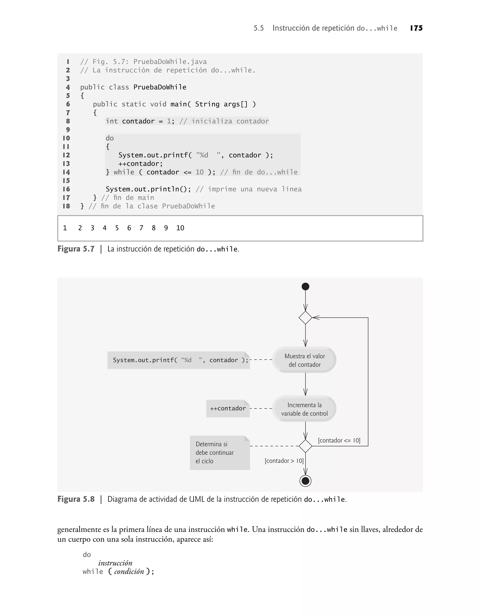 generalmente es la primera línea de una instrucción while. Una instrucción do...while sin llaves, alrededor de
un cuerpo con una sola instrucción, aparece así:
do
instrucción
while ( condición );
1 // Fig. 5.7: PruebaDoWhile.java
2 // La instrucción de repetición do...while.
3
4 public class PruebaDoWhile
5 {
6 public static void main( String args[] )
7 {
8 int contador = 1; // inicializa contador
9
10 do
11 {
12 System.out.printf( "%d ", contador );
13 ++contador;
14 } while ( contador <= 10 ); // ﬁn de do...while
15
16 System.out.println(); // imprime una nueva línea
17 } // ﬁn de main
18 } // ﬁn de la clase PruebaDoWhile
1 2 3 4 5 6 7 8 9 10
Figura 5.7 | La instrucción de repetición do...while.
Figura 5.8 | Diagrama de actividad de UML de la instrucción de repetición do...while.
Determina si
debe continuar
el ciclo [contador > 10]
[contador <= 10]
++contador
Muestra el valor
del contador
Incrementa la
variable de control
System.out.printf( “%d ”, contador );
5.5 Instrucción de repetición do...while 175
 