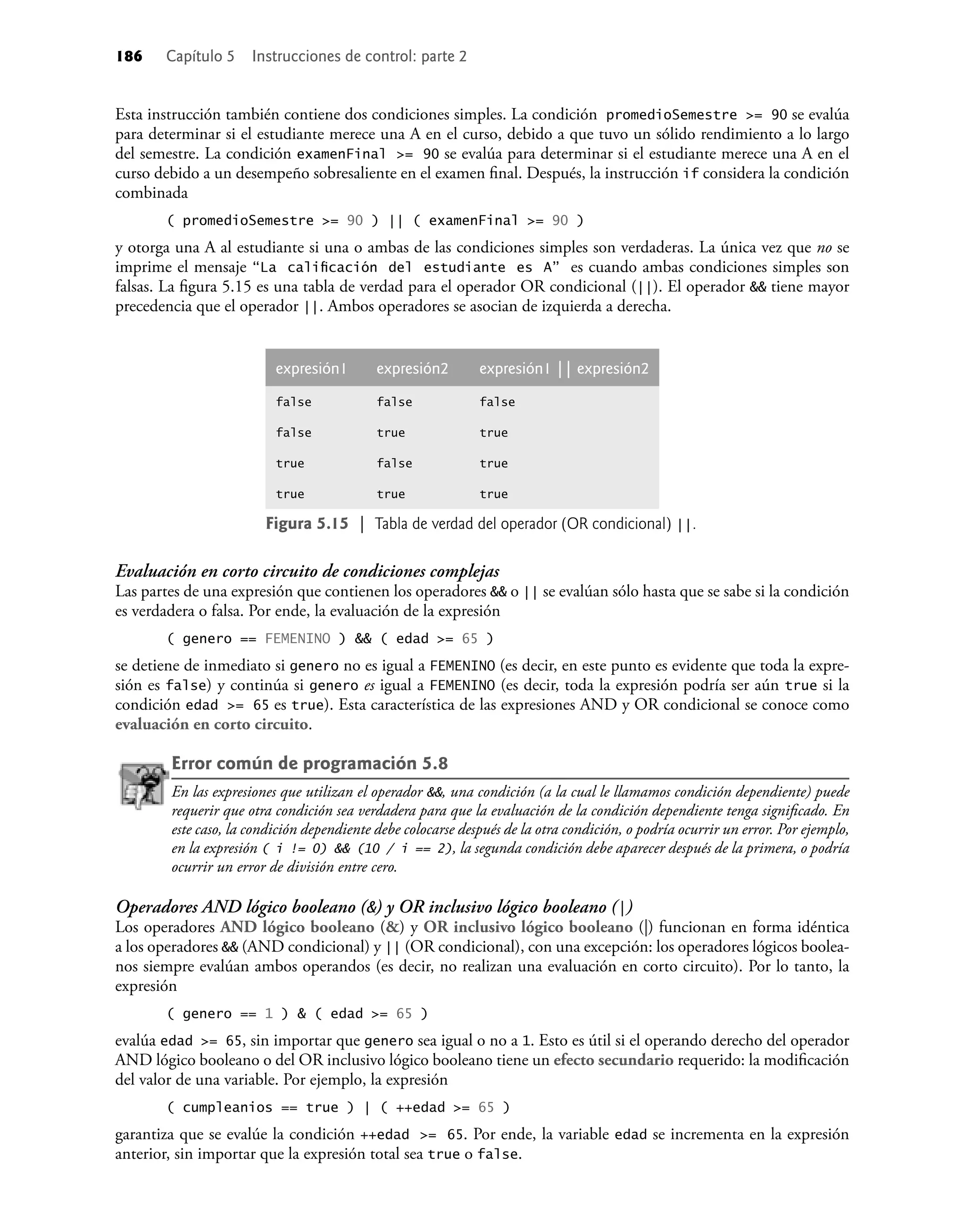 186 Capítulo 5 Instrucciones de control: parte 2
Esta instrucción también contiene dos condiciones simples. La condición promedioSemestre >= 90 se evalúa
para determinar si el estudiante merece una A en el curso, debido a que tuvo un sólido rendimiento a lo largo
del semestre. La condición examenFinal >= 90 se evalúa para determinar si el estudiante merece una A en el
curso debido a un desempeño sobresaliente en el examen ﬁnal. Después, la instrucción if considera la condición
combinada
( promedioSemestre >= 90 ) || ( examenFinal >= 90 )
y otorga una A al estudiante si una o ambas de las condiciones simples son verdaderas. La única vez que no se
imprime el mensaje “La caliﬁcación del estudiante es A” es cuando ambas condiciones simples son
falsas. La ﬁgura 5.15 es una tabla de verdad para el operador OR condicional (||). El operador && tiene mayor
precedencia que el operador ||. Ambos operadores se asocian de izquierda a derecha.
expresión1 expresión2 expresión1 || expresión2
false false false
false true true
true false true
true true true
Figura 5.15 | Tabla de verdad del operador (OR condicional) ||.
Evaluación en corto circuito de condiciones complejas
Las partes de una expresión que contienen los operadores && o || se evalúan sólo hasta que se sabe si la condición
es verdadera o falsa. Por ende, la evaluación de la expresión
( genero == FEMENINO ) && ( edad >= 65 )
se detiene de inmediato si genero no es igual a FEMENINO (es decir, en este punto es evidente que toda la expre-
sión es false) y continúa si genero es igual a FEMENINO (es decir, toda la expresión podría ser aún true si la
condición edad >= 65 es true). Esta característica de las expresiones AND y OR condicional se conoce como
evaluación en corto circuito.
Error común de programación 5.8
En las expresiones que utilizan el operador &&, una condición (a la cual le llamamos condición dependiente) puede
requerir que otra condición sea verdadera para que la evaluación de la condición dependiente tenga signiﬁcado. En
este caso, la condición dependiente debe colocarse después de la otra condición, o podría ocurrir un error. Por ejemplo,
en la expresión ( i != 0) && (10 / i == 2), la segunda condición debe aparecer después de la primera, o podría
ocurrir un error de división entre cero.
Operadores AND lógico booleano (&) y OR inclusivo lógico booleano (|)
Los operadores AND lógico booleano (&) y OR inclusivo lógico booleano (|) funcionan en forma idéntica
a los operadores && (AND condicional) y || (OR condicional), con una excepción: los operadores lógicos boolea-
nos siempre evalúan ambos operandos (es decir, no realizan una evaluación en corto circuito). Por lo tanto, la
expresión
( genero == 1 ) & ( edad >= 65 )
evalúa edad >= 65, sin importar que genero sea igual o no a 1. Esto es útil si el operando derecho del operador
AND lógico booleano o del OR inclusivo lógico booleano tiene un efecto secundario requerido: la modiﬁcación
del valor de una variable. Por ejemplo, la expresión
( cumpleanios == true ) | ( ++edad >= 65 )
garantiza que se evalúe la condición ++edad >= 65. Por ende, la variable edad se incrementa en la expresión
anterior, sin importar que la expresión total sea true o false.
 