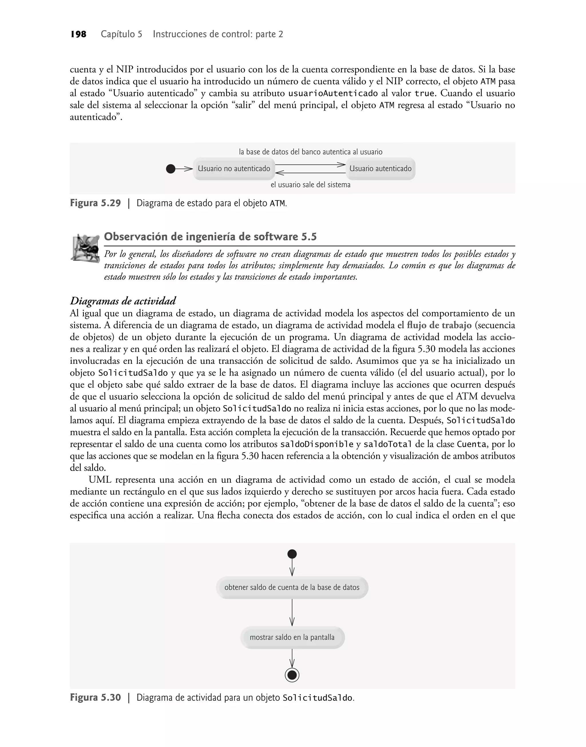 198 Capítulo 5 Instrucciones de control: parte 2
cuenta y el NIP introducidos por el usuario con los de la cuenta correspondiente en la base de datos. Si la base
de datos indica que el usuario ha introducido un número de cuenta válido y el NIP correcto, el objeto ATM pasa
al estado “Usuario autenticado” y cambia su atributo usuarioAutenticado al valor true. Cuando el usuario
sale del sistema al seleccionar la opción “salir” del menú principal, el objeto ATM regresa al estado “Usuario no
autenticado”.
Figura 5.30 | Diagrama de actividad para un objeto SolicitudSaldo.
obtener saldo de cuenta de la base de datos
mostrar saldo en la pantalla
Usuario no autenticado Usuario autenticado
la base de datos del banco autentica al usuario
el usuario sale del sistema
Figura 5.29 | Diagrama de estado para el objeto ATM.
Observación de ingeniería de software 5.5
Por lo general, los diseñadores de software no crean diagramas de estado que muestren todos los posibles estados y
transiciones de estados para todos los atributos; simplemente hay demasiados. Lo común es que los diagramas de
estado muestren sólo los estados y las transiciones de estado importantes.
Diagramas de actividad
Al igual que un diagrama de estado, un diagrama de actividad modela los aspectos del comportamiento de un
sistema. A diferencia de un diagrama de estado, un diagrama de actividad modela el ﬂujo de trabajo (secuencia
de objetos) de un objeto durante la ejecución de un programa. Un diagrama de actividad modela las accio-
nes a realizar y en qué orden las realizará el objeto. El diagrama de actividad de la ﬁgura 5.30 modela las acciones
involucradas en la ejecución de una transacción de solicitud de saldo. Asumimos que ya se ha inicializado un
objeto SolicitudSaldo y que ya se le ha asignado un número de cuenta válido (el del usuario actual), por lo
que el objeto sabe qué saldo extraer de la base de datos. El diagrama incluye las acciones que ocurren después
de que el usuario selecciona la opción de solicitud de saldo del menú principal y antes de que el ATM devuelva
al usuario al menú principal; un objeto SolicitudSaldo no realiza ni inicia estas acciones, por lo que no las mode-
lamos aquí. El diagrama empieza extrayendo de la base de datos el saldo de la cuenta. Después, SolicitudSaldo
muestra el saldo en la pantalla. Esta acción completa la ejecución de la transacción. Recuerde que hemos optado por
representar el saldo de una cuenta como los atributos saldoDisponible y saldoTotal de la clase Cuenta, por lo
que las acciones que se modelan en la ﬁgura 5.30 hacen referencia a la obtención y visualización de ambos atributos
del saldo.
UML representa una acción en un diagrama de actividad como un estado de acción, el cual se modela
mediante un rectángulo en el que sus lados izquierdo y derecho se sustituyen por arcos hacia fuera. Cada estado
de acción contiene una expresión de acción; por ejemplo, “obtener de la base de datos el saldo de la cuenta”; eso
especiﬁca una acción a realizar. Una ﬂecha conecta dos estados de acción, con lo cual indica el orden en el que
 