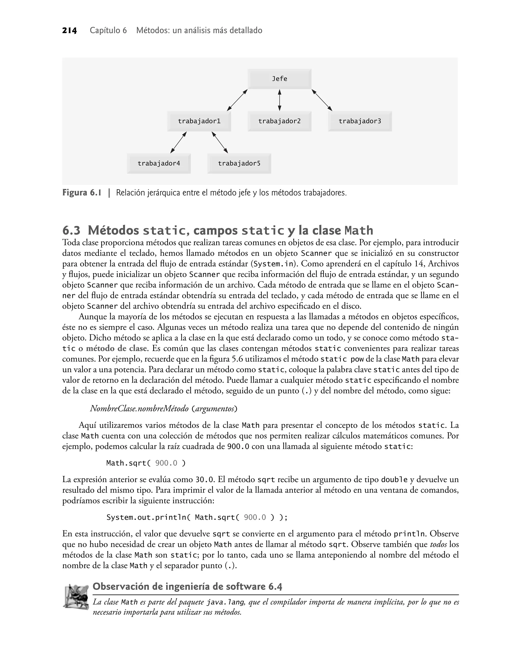 214 Capítulo 6 Métodos: un análisis más detallado
6.3 Métodos static, campos static y la clase Math
Toda clase proporciona métodos que realizan tareas comunes en objetos de esa clase. Por ejemplo, para introducir
datos mediante el teclado, hemos llamado métodos en un objeto Scanner que se inicializó en su constructor
para obtener la entrada del ﬂujo de entrada estándar (System.in). Como aprenderá en el capítulo 14, Archivos
y ﬂujos, puede inicializar un objeto Scanner que reciba información del ﬂujo de entrada estándar, y un segundo
objeto Scanner que reciba información de un archivo. Cada método de entrada que se llame en el objeto Scan-
ner del ﬂujo de entrada estándar obtendría su entrada del teclado, y cada método de entrada que se llame en el
objeto Scanner del archivo obtendría su entrada del archivo especiﬁcado en el disco.
Aunque la mayoría de los métodos se ejecutan en respuesta a las llamadas a métodos en objetos especíﬁcos,
éste no es siempre el caso. Algunas veces un método realiza una tarea que no depende del contenido de ningún
objeto. Dicho método se aplica a la clase en la que está declarado como un todo, y se conoce como método sta-
tic o método de clase. Es común que las clases contengan métodos static convenientes para realizar tareas
comunes. Por ejemplo, recuerde que en la ﬁgura 5.6 utilizamos el método static pow de la clase Math para elevar
un valor a una potencia. Para declarar un método como static, coloque la palabra clave static antes del tipo de
valor de retorno en la declaración del método. Puede llamar a cualquier método static especiﬁcando el nombre
de la clase en la que está declarado el método, seguido de un punto (.) y del nombre del método, como sigue:
NombreClase.nombreMétodo (argumentos)
Aquí utilizaremos varios métodos de la clase Math para presentar el concepto de los métodos static. La
clase Math cuenta con una colección de métodos que nos permiten realizar cálculos matemáticos comunes. Por
ejemplo, podemos calcular la raíz cuadrada de 900.0 con una llamada al siguiente método static:
Math.sqrt( 900.0 )
La expresión anterior se evalúa como 30.0. El método sqrt recibe un argumento de tipo double y devuelve un
resultado del mismo tipo. Para imprimir el valor de la llamada anterior al método en una ventana de comandos,
podríamos escribir la siguiente instrucción:
System.out.println( Math.sqrt( 900.0 ) );
En esta instrucción, el valor que devuelve sqrt se convierte en el argumento para el método println. Observe
que no hubo necesidad de crear un objeto Math antes de llamar al método sqrt. Observe también que todos los
métodos de la clase Math son static; por lo tanto, cada uno se llama anteponiendo al nombre del método el
nombre de la clase Math y el separador punto (.).
Observación de ingeniería de software 6.4
La clase Math es parte del paquete java.lang, que el compilador importa de manera implícita, por lo que no es
necesario importarla para utilizar sus métodos.
Figura 6.1 | Relación jerárquica entre el método jefe y los métodos trabajadores.
Jefe
trabajador2 trabajador3
trabajador1
trabajador5
trabajador4
 