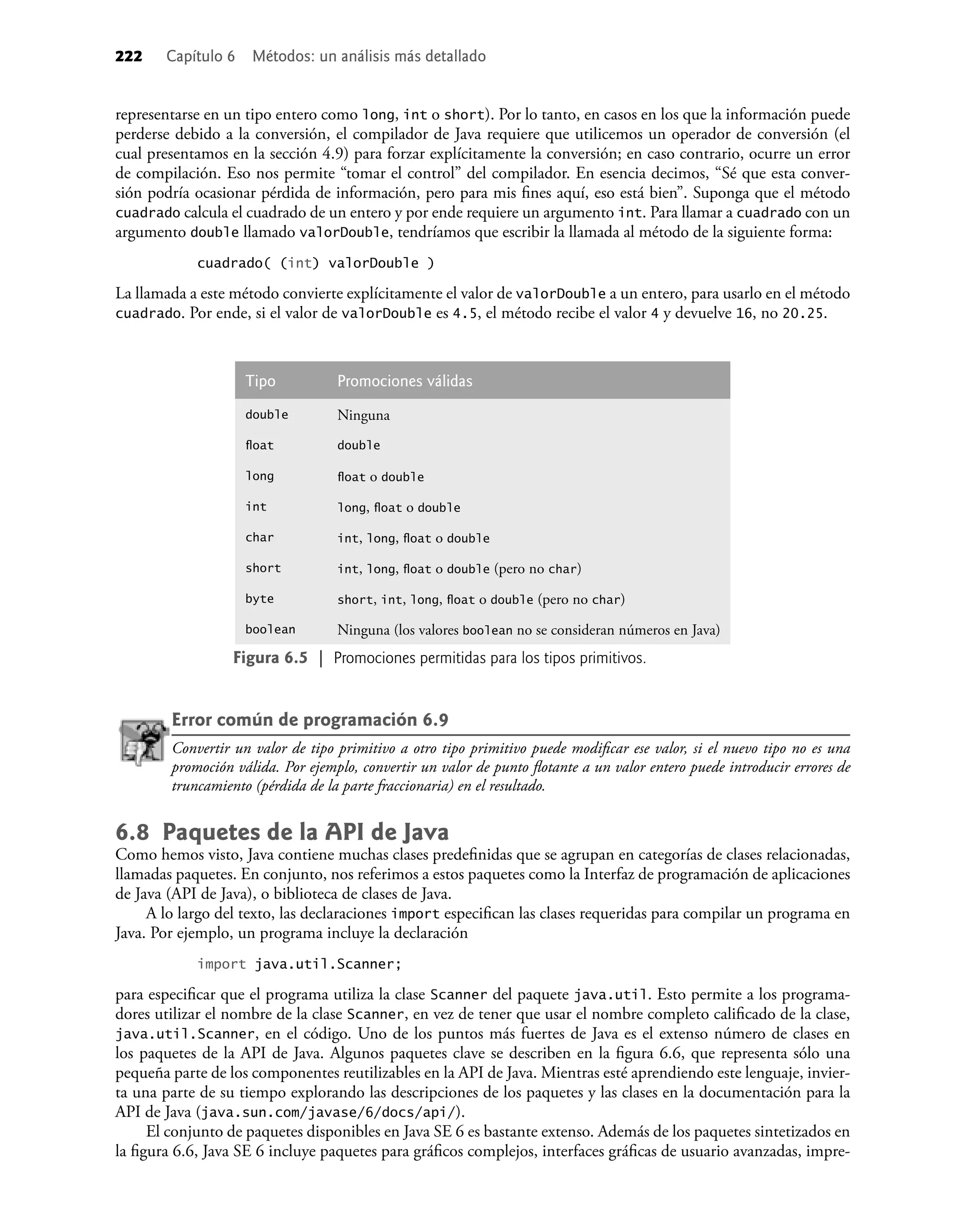 222 Capítulo 6 Métodos: un análisis más detallado
representarse en un tipo entero como long, int o short). Por lo tanto, en casos en los que la información puede
perderse debido a la conversión, el compilador de Java requiere que utilicemos un operador de conversión (el
cual presentamos en la sección 4.9) para forzar explícitamente la conversión; en caso contrario, ocurre un error
de compilación. Eso nos permite “tomar el control” del compilador. En esencia decimos, “Sé que esta conver-
sión podría ocasionar pérdida de información, pero para mis ﬁnes aquí, eso está bien”. Suponga que el método
cuadrado calcula el cuadrado de un entero y por ende requiere un argumento int. Para llamar a cuadrado con un
argumento double llamado valorDouble, tendríamos que escribir la llamada al método de la siguiente forma:
cuadrado( (int) valorDouble )
La llamada a este método convierte explícitamente el valor de valorDouble a un entero, para usarlo en el método
cuadrado. Por ende, si el valor de valorDouble es 4.5, el método recibe el valor 4 y devuelve 16, no 20.25.
Tipo Promociones válidas
double Ninguna
ﬂoat double
long ﬂoat o double
int long, ﬂoat o double
char int, long, ﬂoat o double
short int, long, ﬂoat o double (pero no char)
byte short, int, long, ﬂoat o double (pero no char)
boolean Ninguna (los valores boolean no se consideran números en Java)
Figura 6.5 | Promociones permitidas para los tipos primitivos.
Error común de programación 6.9
Convertir un valor de tipo primitivo a otro tipo primitivo puede modiﬁcar ese valor, si el nuevo tipo no es una
promoción válida. Por ejemplo, convertir un valor de punto ﬂotante a un valor entero puede introducir errores de
truncamiento (pérdida de la parte fraccionaria) en el resultado.
6.8 Paquetes de la API de Java
Como hemos visto, Java contiene muchas clases predeﬁnidas que se agrupan en categorías de clases relacionadas,
llamadas paquetes. En conjunto, nos referimos a estos paquetes como la Interfaz de programación de aplicaciones
de Java (API de Java), o biblioteca de clases de Java.
A lo largo del texto, las declaraciones import especiﬁcan las clases requeridas para compilar un programa en
Java. Por ejemplo, un programa incluye la declaración
import java.util.Scanner;
para especiﬁcar que el programa utiliza la clase Scanner del paquete java.util. Esto permite a los programa-
dores utilizar el nombre de la clase Scanner, en vez de tener que usar el nombre completo caliﬁcado de la clase,
java.util.Scanner, en el código. Uno de los puntos más fuertes de Java es el extenso número de clases en
los paquetes de la API de Java. Algunos paquetes clave se describen en la ﬁgura 6.6, que representa sólo una
pequeña parte de los componentes reutilizables en la API de Java. Mientras esté aprendiendo este lenguaje, invier-
ta una parte de su tiempo explorando las descripciones de los paquetes y las clases en la documentación para la
API de Java (java.sun.com/javase/6/docs/api/).
El conjunto de paquetes disponibles en Java SE 6 es bastante extenso. Además de los paquetes sintetizados en
la ﬁgura 6.6, Java SE 6 incluye paquetes para gráﬁcos complejos, interfaces gráﬁcas de usuario avanzadas, impre-
 