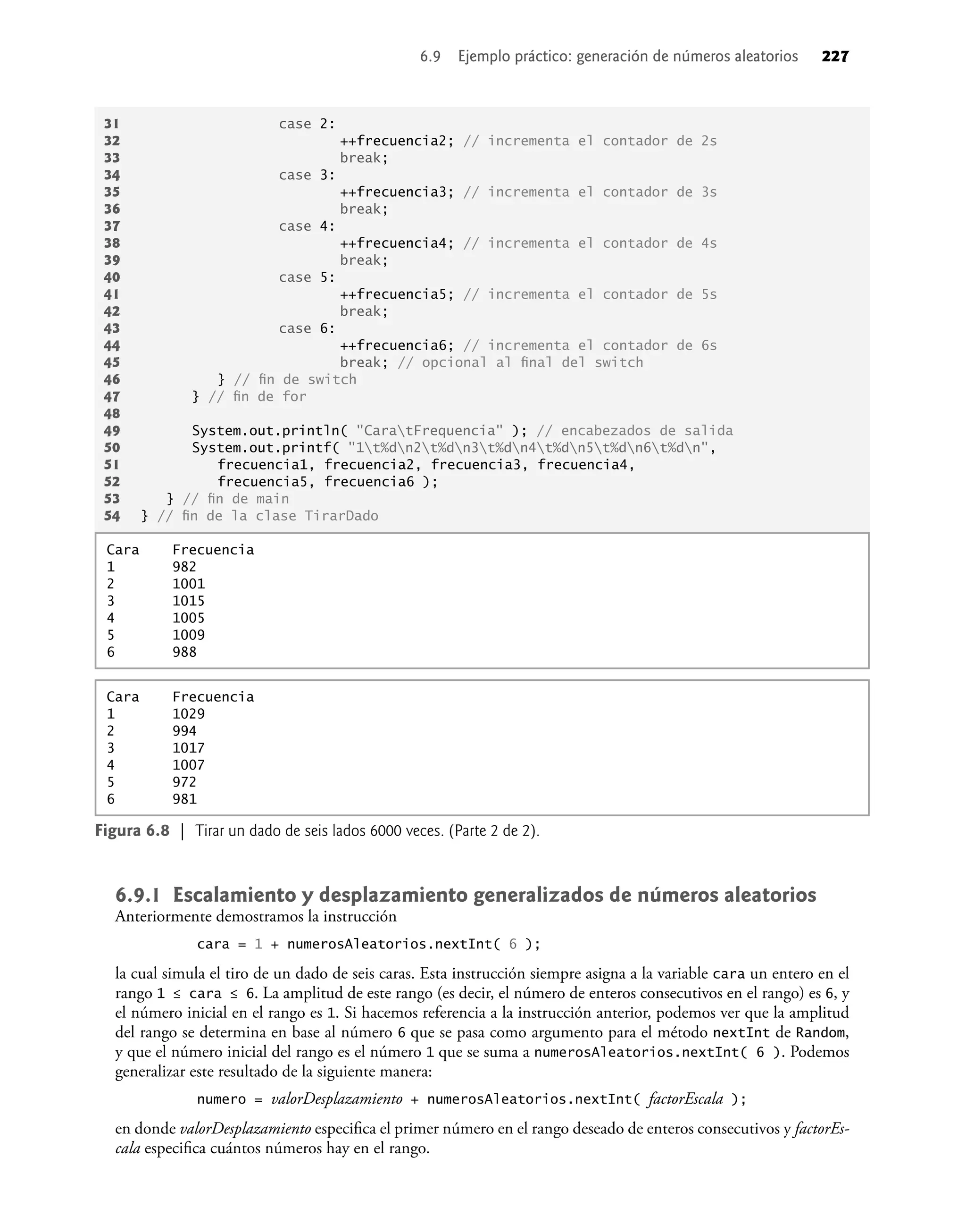 31 case 2:
32 ++frecuencia2; // incrementa el contador de 2s
33 break;
34 case 3:
35 ++frecuencia3; // incrementa el contador de 3s
36 break;
37 case 4:
38 ++frecuencia4; // incrementa el contador de 4s
39 break;
40 case 5:
41 ++frecuencia5; // incrementa el contador de 5s
42 break;
43 case 6:
44 ++frecuencia6; // incrementa el contador de 6s
45 break; // opcional al ﬁnal del switch
46 } // ﬁn de switch
47 } // ﬁn de for
48
49 System.out.println( "CaratFrequencia" ); // encabezados de salida
50 System.out.printf( "1t%dn2t%dn3t%dn4t%dn5t%dn6t%dn",
51 frecuencia1, frecuencia2, frecuencia3, frecuencia4,
52 frecuencia5, frecuencia6 );
53 } // ﬁn de main
54 } // ﬁn de la clase TirarDado
Figura 6.8 | Tirar un dado de seis lados 6000 veces. (Parte 2 de 2).
Cara Frecuencia
1 1029
2 994
3 1017
4 1007
5 972
6 981
Cara Frecuencia
1 982
2 1001
3 1015
4 1005
5 1009
6 988
6.9.1 Escalamiento y desplazamiento generalizados de números aleatorios
Anteriormente demostramos la instrucción
cara = 1 + numerosAleatorios.nextInt( 6 );
la cual simula el tiro de un dado de seis caras. Esta instrucción siempre asigna a la variable cara un entero en el
rango 1 ≤ cara ≤ 6. La amplitud de este rango (es decir, el número de enteros consecutivos en el rango) es 6, y
el número inicial en el rango es 1. Si hacemos referencia a la instrucción anterior, podemos ver que la amplitud
del rango se determina en base al número 6 que se pasa como argumento para el método nextInt de Random,
y que el número inicial del rango es el número 1 que se suma a numerosAleatorios.nextInt( 6 ). Podemos
generalizar este resultado de la siguiente manera:
numero = valorDesplazamiento + numerosAleatorios.nextInt( factorEscala );
en donde valorDesplazamiento especiﬁca el primer número en el rango deseado de enteros consecutivos y factorEs-
cala especiﬁca cuántos números hay en el rango.
6.9 Ejemplo práctico: generación de números aleatorios 227
 