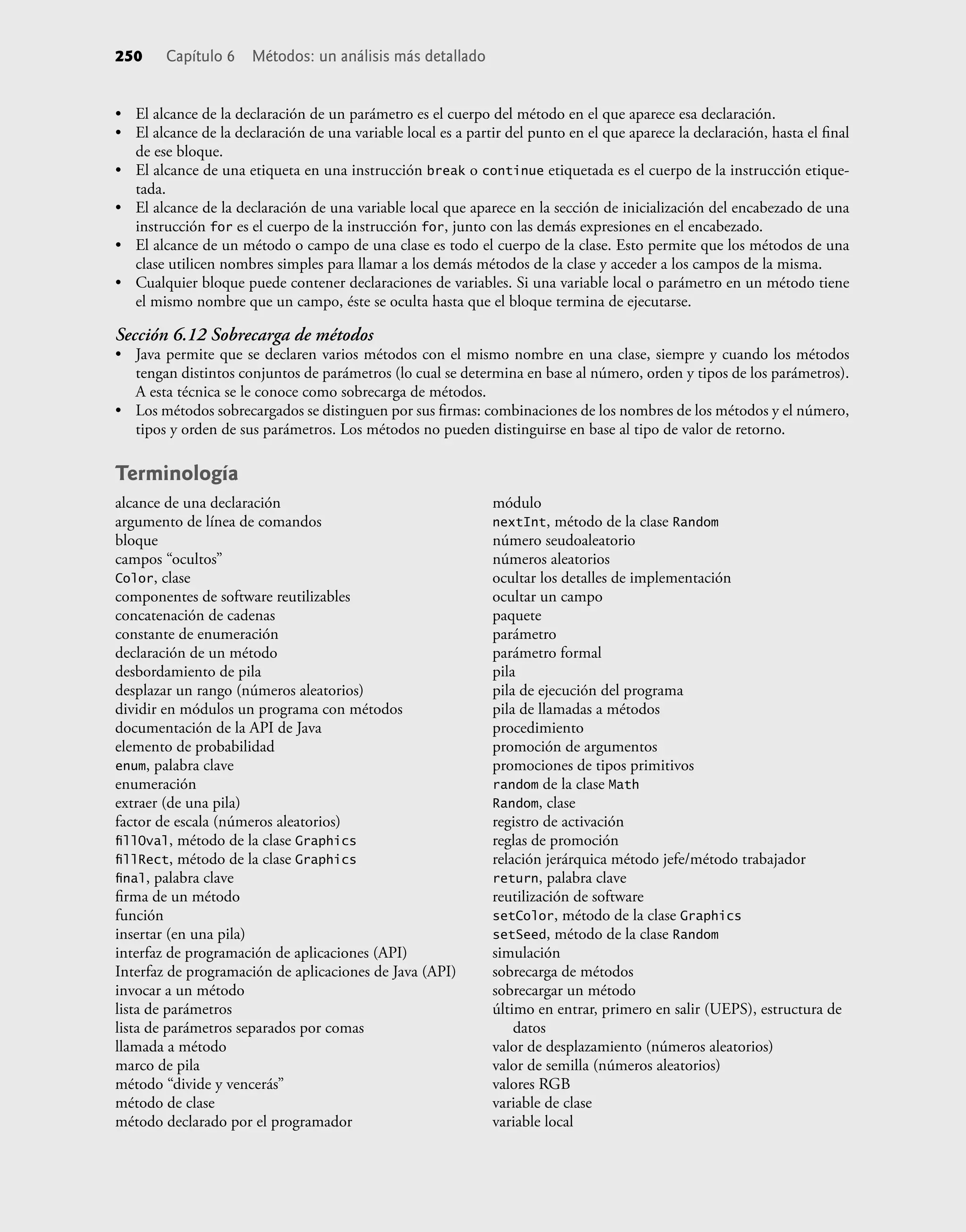 250 Capítulo 6 Métodos: un análisis más detallado
• El alcance de la declaración de un parámetro es el cuerpo del método en el que aparece esa declaración.
• El alcance de la declaración de una variable local es a partir del punto en el que aparece la declaración, hasta el ﬁnal
de ese bloque.
• El alcance de una etiqueta en una instrucción break o continue etiquetada es el cuerpo de la instrucción etique-
tada.
• El alcance de la declaración de una variable local que aparece en la sección de inicialización del encabezado de una
instrucción for es el cuerpo de la instrucción for, junto con las demás expresiones en el encabezado.
• El alcance de un método o campo de una clase es todo el cuerpo de la clase. Esto permite que los métodos de una
clase utilicen nombres simples para llamar a los demás métodos de la clase y acceder a los campos de la misma.
• Cualquier bloque puede contener declaraciones de variables. Si una variable local o parámetro en un método tiene
el mismo nombre que un campo, éste se oculta hasta que el bloque termina de ejecutarse.
Sección 6.12 Sobrecarga de métodos
• Java permite que se declaren varios métodos con el mismo nombre en una clase, siempre y cuando los métodos
tengan distintos conjuntos de parámetros (lo cual se determina en base al número, orden y tipos de los parámetros).
A esta técnica se le conoce como sobrecarga de métodos.
• Los métodos sobrecargados se distinguen por sus ﬁrmas: combinaciones de los nombres de los métodos y el número,
tipos y orden de sus parámetros. Los métodos no pueden distinguirse en base al tipo de valor de retorno.
Terminología
alcance de una declaración
argumento de línea de comandos
bloque
campos “ocultos”
Color, clase
componentes de software reutilizables
concatenación de cadenas
constante de enumeración
declaración de un método
desbordamiento de pila
desplazar un rango (números aleatorios)
dividir en módulos un programa con métodos
documentación de la API de Java
elemento de probabilidad
enum, palabra clave
enumeración
extraer (de una pila)
factor de escala (números aleatorios)
ﬁllOval, método de la clase Graphics
ﬁllRect, método de la clase Graphics
ﬁnal, palabra clave
ﬁrma de un método
función
insertar (en una pila)
interfaz de programación de aplicaciones (API)
Interfaz de programación de aplicaciones de Java (API)
invocar a un método
lista de parámetros
lista de parámetros separados por comas
llamada a método
marco de pila
método “divide y vencerás”
método de clase
método declarado por el programador
módulo
nextInt, método de la clase Random
número seudoaleatorio
números aleatorios
ocultar los detalles de implementación
ocultar un campo
paquete
parámetro
parámetro formal
pila
pila de ejecución del programa
pila de llamadas a métodos
procedimiento
promoción de argumentos
promociones de tipos primitivos
random de la clase Math
Random, clase
registro de activación
reglas de promoción
relación jerárquica método jefe/método trabajador
return, palabra clave
reutilización de software
setColor, método de la clase Graphics
setSeed, método de la clase Random
simulación
sobrecarga de métodos
sobrecargar un método
último en entrar, primero en salir (UEPS), estructura de
datos
valor de desplazamiento (números aleatorios)
valor de semilla (números aleatorios)
valores RGB
variable de clase
variable local
 
