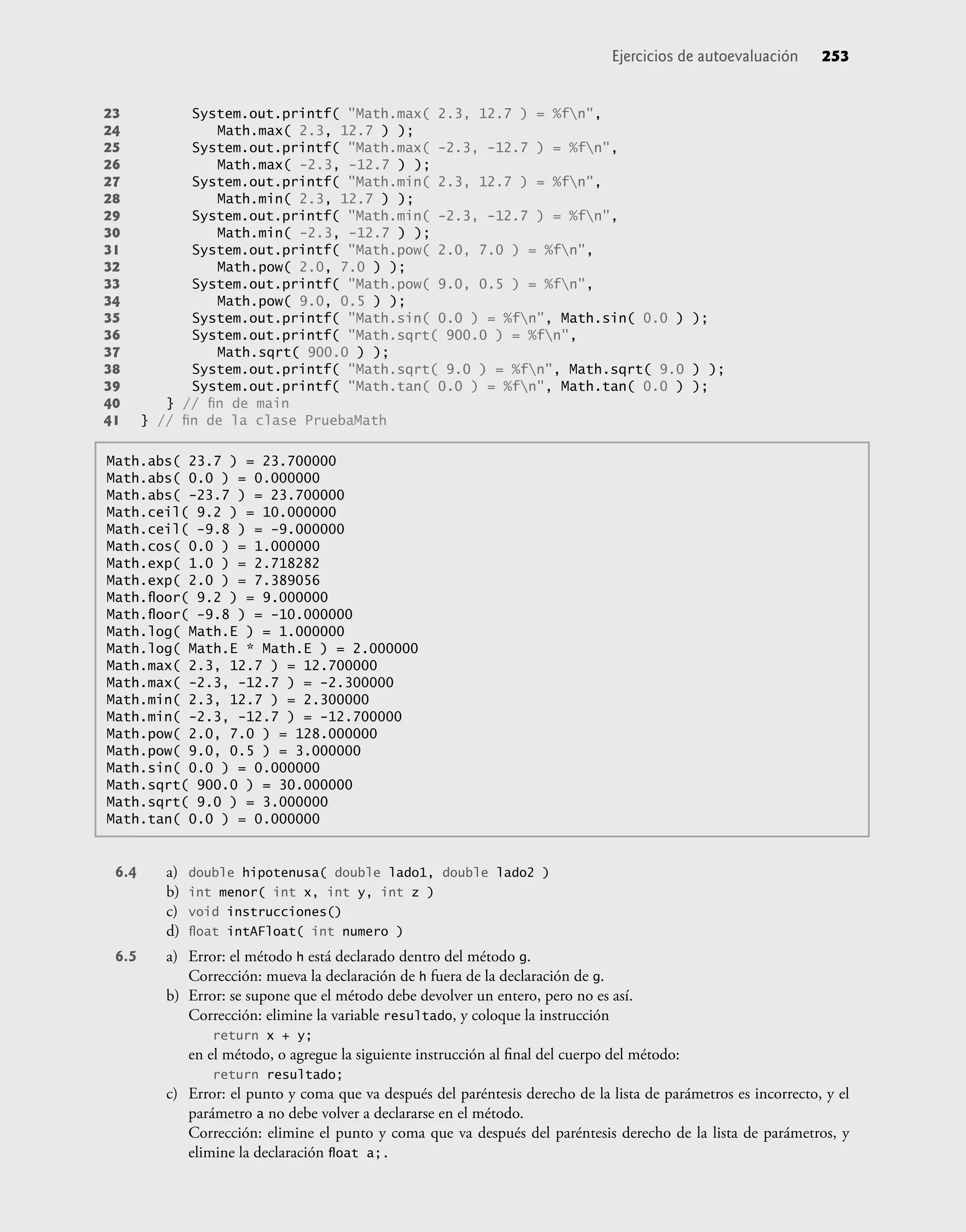 6.4 a) double hipotenusa( double lado1, double lado2 )
b) int menor( int x, int y, int z )
c) void instrucciones()
d) ﬂoat intAFloat( int numero )
6.5 a) Error: el método h está declarado dentro del método g.
Corrección: mueva la declaración de h fuera de la declaración de g.
b) Error: se supone que el método debe devolver un entero, pero no es así.
Corrección: elimine la variable resultado, y coloque la instrucción
return x + y;
en el método, o agregue la siguiente instrucción al ﬁnal del cuerpo del método:
return resultado;
c) Error: el punto y coma que va después del paréntesis derecho de la lista de parámetros es incorrecto, y el
parámetro a no debe volver a declararse en el método.
Corrección: elimine el punto y coma que va después del paréntesis derecho de la lista de parámetros, y
elimine la declaración ﬂoat a;.
Math.abs( 23.7 ) = 23.700000
Math.abs( 0.0 ) = 0.000000
Math.abs( -23.7 ) = 23.700000
Math.ceil( 9.2 ) = 10.000000
Math.ceil( -9.8 ) = -9.000000
Math.cos( 0.0 ) = 1.000000
Math.exp( 1.0 ) = 2.718282
Math.exp( 2.0 ) = 7.389056
Math.ﬂoor( 9.2 ) = 9.000000
Math.ﬂoor( -9.8 ) = -10.000000
Math.log( Math.E ) = 1.000000
Math.log( Math.E * Math.E ) = 2.000000
Math.max( 2.3, 12.7 ) = 12.700000
Math.max( -2.3, -12.7 ) = -2.300000
Math.min( 2.3, 12.7 ) = 2.300000
Math.min( -2.3, -12.7 ) = -12.700000
Math.pow( 2.0, 7.0 ) = 128.000000
Math.pow( 9.0, 0.5 ) = 3.000000
Math.sin( 0.0 ) = 0.000000
Math.sqrt( 900.0 ) = 30.000000
Math.sqrt( 9.0 ) = 3.000000
Math.tan( 0.0 ) = 0.000000
23 System.out.printf( "Math.max( 2.3, 12.7 ) = %fn",
24 Math.max( 2.3, 12.7 ) );
25 System.out.printf( "Math.max( -2.3, -12.7 ) = %fn",
26 Math.max( -2.3, -12.7 ) );
27 System.out.printf( "Math.min( 2.3, 12.7 ) = %fn",
28 Math.min( 2.3, 12.7 ) );
29 System.out.printf( "Math.min( -2.3, -12.7 ) = %fn",
30 Math.min( -2.3, -12.7 ) );
31 System.out.printf( "Math.pow( 2.0, 7.0 ) = %fn",
32 Math.pow( 2.0, 7.0 ) );
33 System.out.printf( "Math.pow( 9.0, 0.5 ) = %fn",
34 Math.pow( 9.0, 0.5 ) );
35 System.out.printf( "Math.sin( 0.0 ) = %fn", Math.sin( 0.0 ) );
36 System.out.printf( "Math.sqrt( 900.0 ) = %fn",
37 Math.sqrt( 900.0 ) );
38 System.out.printf( "Math.sqrt( 9.0 ) = %fn", Math.sqrt( 9.0 ) );
39 System.out.printf( "Math.tan( 0.0 ) = %fn", Math.tan( 0.0 ) );
40 } // ﬁn de main
41 } // ﬁn de la clase PruebaMath
Ejercicios de autoevaluación 253
 