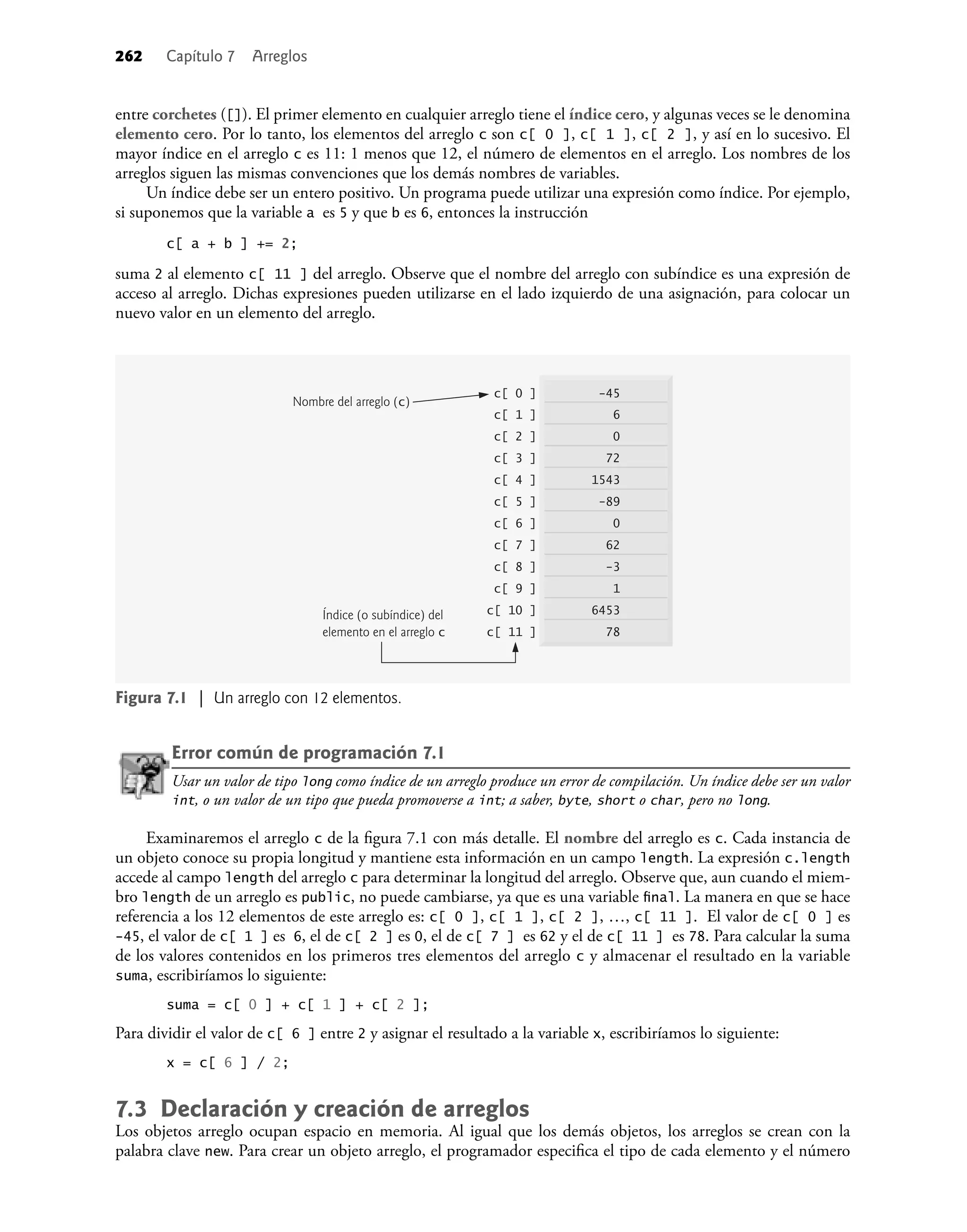 262 Capítulo 7 Arreglos
Figura 7.1 | Un arreglo con 12 elementos.
-45
62
-3
1
6453
78
0
-89
1543
72
0
6
c[ 0 ]
Nombre del arreglo (c)
Índice (o subíndice) del
elemento en el arreglo c
c[ 7 ]
c[ 8 ]
c[ 9 ]
c[ 10 ]
c[ 11 ]
c[ 6 ]
c[ 5 ]
c[ 4 ]
c[ 3 ]
c[ 2 ]
c[ 1 ]
entre corchetes ([]). El primer elemento en cualquier arreglo tiene el índice cero, y algunas veces se le denomina
elemento cero. Por lo tanto, los elementos del arreglo c son c[ 0 ], c[ 1 ], c[ 2 ], y así en lo sucesivo. El
mayor índice en el arreglo c es 11: 1 menos que 12, el número de elementos en el arreglo. Los nombres de los
arreglos siguen las mismas convenciones que los demás nombres de variables.
Un índice debe ser un entero positivo. Un programa puede utilizar una expresión como índice. Por ejemplo,
si suponemos que la variable a es 5 y que b es 6, entonces la instrucción
c[ a + b ] += 2;
suma 2 al elemento c[ 11 ] del arreglo. Observe que el nombre del arreglo con subíndice es una expresión de
acceso al arreglo. Dichas expresiones pueden utilizarse en el lado izquierdo de una asignación, para colocar un
nuevo valor en un elemento del arreglo.
Error común de programación 7.1
Usar un valor de tipo long como índice de un arreglo produce un error de compilación. Un índice debe ser un valor
int, o un valor de un tipo que pueda promoverse a int; a saber, byte, short o char, pero no long.
Examinaremos el arreglo c de la ﬁgura 7.1 con más detalle. El nombre del arreglo es c. Cada instancia de
un objeto conoce su propia longitud y mantiene esta información en un campo length. La expresión c.length
accede al campo length del arreglo c para determinar la longitud del arreglo. Observe que, aun cuando el miem-
bro length de un arreglo es public, no puede cambiarse, ya que es una variable ﬁnal. La manera en que se hace
referencia a los 12 elementos de este arreglo es: c[ 0 ], c[ 1 ], c[ 2 ], …, c[ 11 ]. El valor de c[ 0 ] es
-45, el valor de c[ 1 ] es 6, el de c[ 2 ] es 0, el de c[ 7 ] es 62 y el de c[ 11 ] es 78. Para calcular la suma
de los valores contenidos en los primeros tres elementos del arreglo c y almacenar el resultado en la variable
suma, escribiríamos lo siguiente:
suma = c[ 0 ] + c[ 1 ] + c[ 2 ];
Para dividir el valor de c[ 6 ] entre 2 y asignar el resultado a la variable x, escribiríamos lo siguiente:
x = c[ 6 ] / 2;
7.3 Declaración y creación de arreglos
Los objetos arreglo ocupan espacio en memoria. Al igual que los demás objetos, los arreglos se crean con la
palabra clave new. Para crear un objeto arreglo, el programador especiﬁca el tipo de cada elemento y el número
 