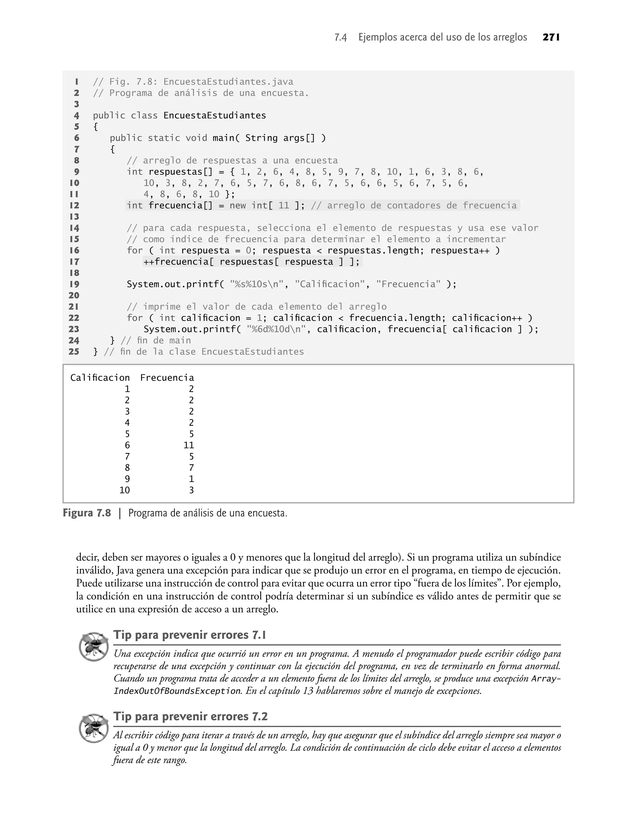 decir, deben ser mayores o iguales a 0 y menores que la longitud del arreglo). Si un programa utiliza un subíndice
inválido, Java genera una excepción para indicar que se produjo un error en el programa, en tiempo de ejecución.
Puede utilizarse una instrucción de control para evitar que ocurra un error tipo “fuera de los límites”. Por ejemplo,
la condición en una instrucción de control podría determinar si un subíndice es válido antes de permitir que se
utilice en una expresión de acceso a un arreglo.
Tip para prevenir errores 7.1
Una excepción indica que ocurrió un error en un programa. A menudo el programador puede escribir código para
recuperarse de una excepción y continuar con la ejecución del programa, en vez de terminarlo en forma anormal.
Cuando un programa trata de acceder a un elemento fuera de los límites del arreglo, se produce una excepción Array-
IndexOutOfBoundsException. En el capítulo 13 hablaremos sobre el manejo de excepciones.
Tip para prevenir errores 7.2
Al escribir código para iterar a través de un arreglo, hay que asegurar que el subíndice del arreglo siempre sea mayor o
igual a 0 y menor que la longitud del arreglo. La condición de continuación de ciclo debe evitar el acceso a elementos
fuera de este rango.
7.4 Ejemplos acerca del uso de los arreglos 271
1 // Fig. 7.8: EncuestaEstudiantes.java
2 // Programa de análisis de una encuesta.
3
4 public class EncuestaEstudiantes
5 {
6 public static void main( String args[] )
7 {
8 // arreglo de respuestas a una encuesta
9 int respuestas[] = { 1, 2, 6, 4, 8, 5, 9, 7, 8, 10, 1, 6, 3, 8, 6,
10 10, 3, 8, 2, 7, 6, 5, 7, 6, 8, 6, 7, 5, 6, 6, 5, 6, 7, 5, 6,
11 4, 8, 6, 8, 10 };
12 int frecuencia[] = new int[ 11 ]; // arreglo de contadores de frecuencia
13
14 // para cada respuesta, selecciona el elemento de respuestas y usa ese valor
15 // como índice de frecuencia para determinar el elemento a incrementar
16 for ( int respuesta = 0; respuesta < respuestas.length; respuesta++ )
17 ++frecuencia[ respuestas[ respuesta ] ];
18
19 System.out.printf( "%s%10sn", "Caliﬁcacion", "Frecuencia" );
20
21 // imprime el valor de cada elemento del arreglo
22 for ( int caliﬁcacion = 1; caliﬁcacion < frecuencia.length; caliﬁcacion++ )
23 System.out.printf( "%6d%10dn", caliﬁcacion, frecuencia[ caliﬁcacion ] );
24 } // ﬁn de main
25 } // ﬁn de la clase EncuestaEstudiantes
Figura 7.8 | Programa de análisis de una encuesta.
Caliﬁcacion Frecuencia
1 2
2 2
3 2
4 2
5 5
6 11
7 5
8 7
9 1
10 3
 