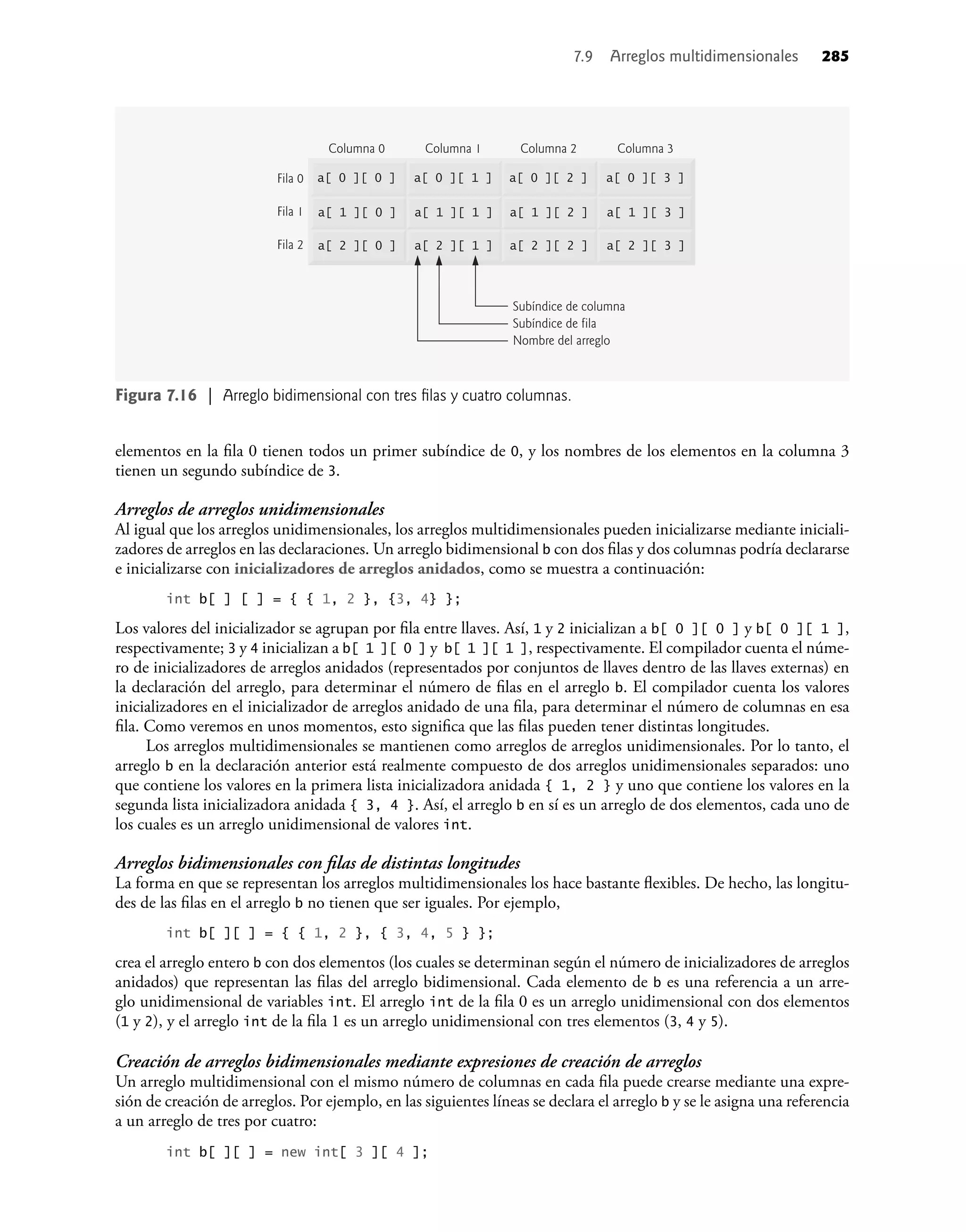 elementos en la ﬁla 0 tienen todos un primer subíndice de 0, y los nombres de los elementos en la columna 3
tienen un segundo subíndice de 3.
Arreglos de arreglos unidimensionales
Al igual que los arreglos unidimensionales, los arreglos multidimensionales pueden inicializarse mediante iniciali-
zadores de arreglos en las declaraciones. Un arreglo bidimensional b con dos ﬁlas y dos columnas podría declararse
e inicializarse con inicializadores de arreglos anidados, como se muestra a continuación:
int b[ ] [ ] = { { 1, 2 }, {3, 4} };
Los valores del inicializador se agrupan por ﬁla entre llaves. Así, 1 y 2 inicializan a b[ 0 ][ 0 ] y b[ 0 ][ 1 ],
respectivamente; 3 y 4 inicializan a b[ 1 ][ 0 ] y b[ 1 ][ 1 ], respectivamente. El compilador cuenta el núme-
ro de inicializadores de arreglos anidados (representados por conjuntos de llaves dentro de las llaves externas) en
la declaración del arreglo, para determinar el número de ﬁlas en el arreglo b. El compilador cuenta los valores
inicializadores en el inicializador de arreglos anidado de una ﬁla, para determinar el número de columnas en esa
ﬁla. Como veremos en unos momentos, esto signiﬁca que las ﬁlas pueden tener distintas longitudes.
Los arreglos multidimensionales se mantienen como arreglos de arreglos unidimensionales. Por lo tanto, el
arreglo b en la declaración anterior está realmente compuesto de dos arreglos unidimensionales separados: uno
que contiene los valores en la primera lista inicializadora anidada { 1, 2 } y uno que contiene los valores en la
segunda lista inicializadora anidada { 3, 4 }. Así, el arreglo b en sí es un arreglo de dos elementos, cada uno de
los cuales es un arreglo unidimensional de valores int.
Arreglos bidimensionales con ﬁlas de distintas longitudes
La forma en que se representan los arreglos multidimensionales los hace bastante ﬂexibles. De hecho, las longitu-
des de las ﬁlas en el arreglo b no tienen que ser iguales. Por ejemplo,
int b[ ][ ] = { { 1, 2 }, { 3, 4, 5 } };
crea el arreglo entero b con dos elementos (los cuales se determinan según el número de inicializadores de arreglos
anidados) que representan las ﬁlas del arreglo bidimensional. Cada elemento de b es una referencia a un arre-
glo unidimensional de variables int. El arreglo int de la ﬁla 0 es un arreglo unidimensional con dos elementos
(1 y 2), y el arreglo int de la ﬁla 1 es un arreglo unidimensional con tres elementos (3, 4 y 5).
Creación de arreglos bidimensionales mediante expresiones de creación de arreglos
Un arreglo multidimensional con el mismo número de columnas en cada ﬁla puede crearse mediante una expre-
sión de creación de arreglos. Por ejemplo, en las siguientes líneas se declara el arreglo b y se le asigna una referencia
a un arreglo de tres por cuatro:
int b[ ][ ] = new int[ 3 ][ 4 ];
7.9 Arreglos multidimensionales 285
Fila 0
Fila 1
Fila 2
Subíndice de columna
Subíndice de fila
Nombre del arreglo
a[ 0 ][ 0 ]
a[ 1 ][ 0 ]
a[ 2 ][ 0 ]
a[ 0 ][ 1 ]
a[ 1 ][ 1 ]
a[ 2 ][ 1 ]
a[ 0 ][ 2 ]
a[ 1 ][ 2 ]
a[ 2 ][ 2 ]
a[ 0 ][ 3 ]
Columna 0 Columna 1 Columna 2 Columna 3
a[ 1 ][ 3 ]
a[ 2 ][ 3 ]
Figura 7.16 | Arreglo bidimensional con tres ﬁlas y cuatro columnas.
 