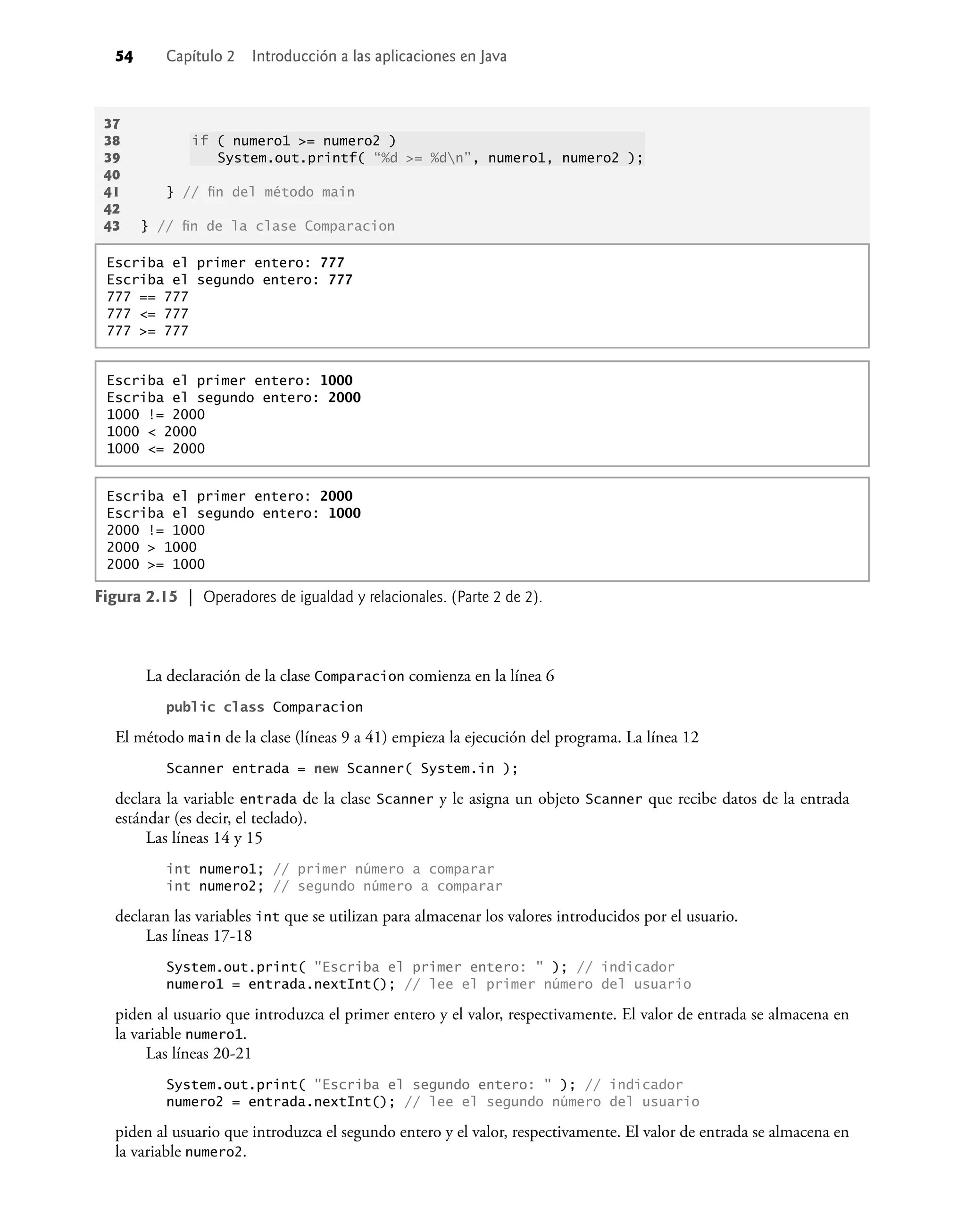 54 Capítulo 2 Introducción a las aplicaciones en Java
La declaración de la clase Comparacion comienza en la línea 6
public class Comparacion
El método main de la clase (líneas 9 a 41) empieza la ejecución del programa. La línea 12
Scanner entrada = new Scanner( System.in );
declara la variable entrada de la clase Scanner y le asigna un objeto Scanner que recibe datos de la entrada
estándar (es decir, el teclado).
Las líneas 14 y 15
int numero1; // primer número a comparar
int numero2; // segundo número a comparar
declaran las variables int que se utilizan para almacenar los valores introducidos por el usuario.
Las líneas 17-18
System.out.print( "Escriba el primer entero: " ); // indicador
numero1 = entrada.nextInt(); // lee el primer número del usuario
piden al usuario que introduzca el primer entero y el valor, respectivamente. El valor de entrada se almacena en
la variable numero1.
Las líneas 20-21
System.out.print( "Escriba el segundo entero: " ); // indicador
numero2 = entrada.nextInt(); // lee el segundo número del usuario
piden al usuario que introduzca el segundo entero y el valor, respectivamente. El valor de entrada se almacena en
la variable numero2.
37
38 if ( numero1 >= numero2 )
39 System.out.printf( “%d >= %dn”, numero1, numero2 );
40
41 } // ﬁn del método main
42
43 } // ﬁn de la clase Comparacion
Figura 2.1 | Programa para imprimir texto.
Escriba el primer entero: 777
Escriba el segundo entero: 777
777 == 777
777 <= 777
777 >= 777
Escriba el primer entero: 1000
Escriba el segundo entero: 2000
1000 != 2000
1000 < 2000
1000 <= 2000
Escriba el primer entero: 2000
Escriba el segundo entero: 1000
2000 != 1000
2000 > 1000
2000 >= 1000
Figura 2.15 | Operadores de igualdad y relacionales. (Parte 2 de 2).
 