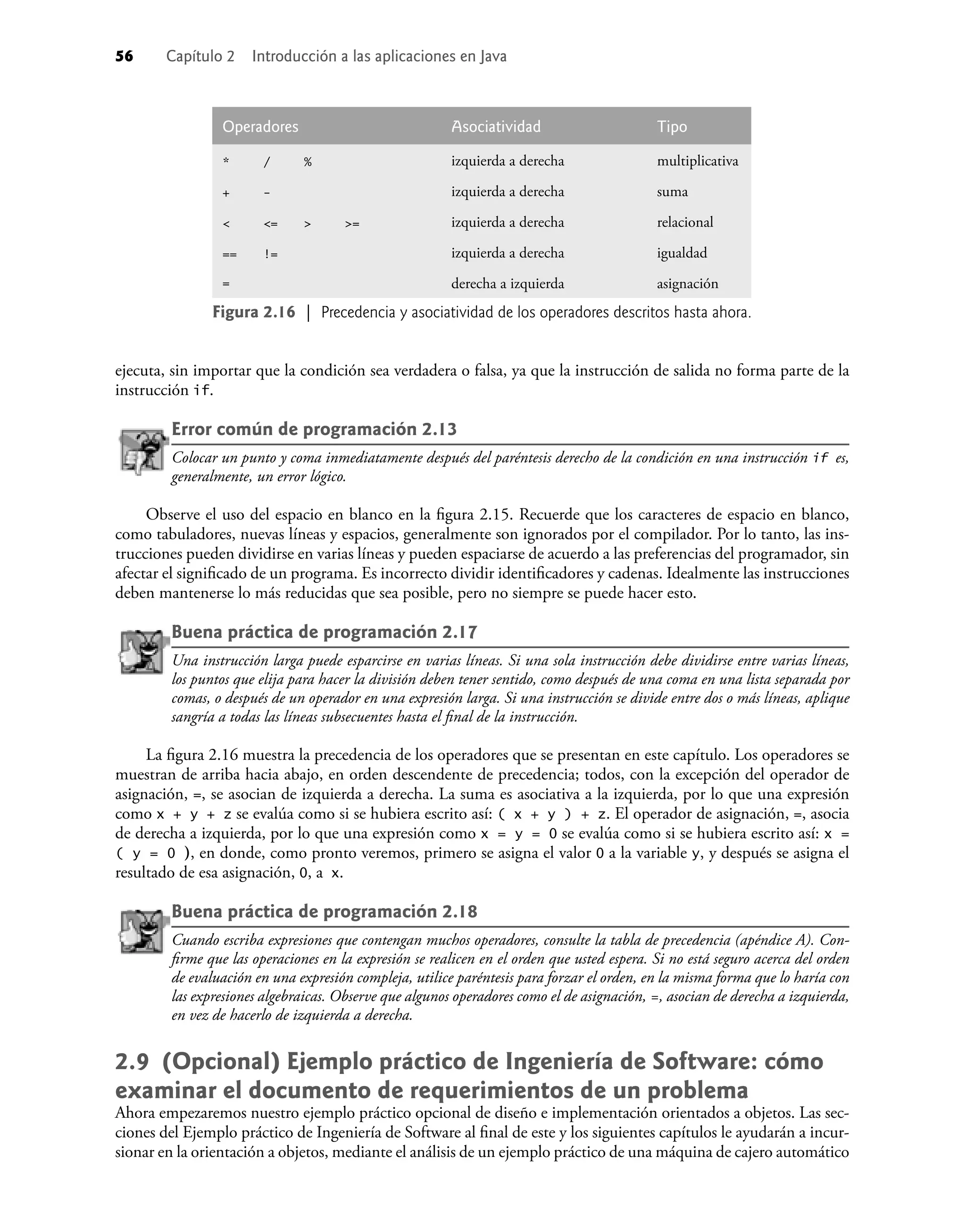 56 Capítulo 2 Introducción a las aplicaciones en Java
ejecuta, sin importar que la condición sea verdadera o falsa, ya que la instrucción de salida no forma parte de la
instrucción if.
Error común de programación 2.13
Colocar un punto y coma inmediatamente después del paréntesis derecho de la condición en una instrucción if es,
generalmente, un error lógico.
Observe el uso del espacio en blanco en la ﬁgura 2.15. Recuerde que los caracteres de espacio en blanco,
como tabuladores, nuevas líneas y espacios, generalmente son ignorados por el compilador. Por lo tanto, las ins-
trucciones pueden dividirse en varias líneas y pueden espaciarse de acuerdo a las preferencias del programador, sin
afectar el signiﬁcado de un programa. Es incorrecto dividir identiﬁcadores y cadenas. Idealmente las instrucciones
deben mantenerse lo más reducidas que sea posible, pero no siempre se puede hacer esto.
Buena práctica de programación 2.17
Una instrucción larga puede esparcirse en varias líneas. Si una sola instrucción debe dividirse entre varias líneas,
los puntos que elija para hacer la división deben tener sentido, como después de una coma en una lista separada por
comas, o después de un operador en una expresión larga. Si una instrucción se divide entre dos o más líneas, aplique
sangría a todas las líneas subsecuentes hasta el ﬁnal de la instrucción.
La ﬁgura 2.16 muestra la precedencia de los operadores que se presentan en este capítulo. Los operadores se
muestran de arriba hacia abajo, en orden descendente de precedencia; todos, con la excepción del operador de
asignación, =, se asocian de izquierda a derecha. La suma es asociativa a la izquierda, por lo que una expresión
como x + y + z se evalúa como si se hubiera escrito así: ( x + y ) + z. El operador de asignación, =, asocia
de derecha a izquierda, por lo que una expresión como x = y = 0 se evalúa como si se hubiera escrito así: x =
( y = 0 ), en donde, como pronto veremos, primero se asigna el valor 0 a la variable y, y después se asigna el
resultado de esa asignación, 0, a x.
Buena práctica de programación 2.18
Cuando escriba expresiones que contengan muchos operadores, consulte la tabla de precedencia (apéndice A). Con-
ﬁrme que las operaciones en la expresión se realicen en el orden que usted espera. Si no está seguro acerca del orden
de evaluación en una expresión compleja, utilice paréntesis para forzar el orden, en la misma forma que lo haría con
las expresiones algebraicas. Observe que algunos operadores como el de asignación, =, asocian de derecha a izquierda,
en vez de hacerlo de izquierda a derecha.
2.9 (Opcional) Ejemplo práctico de Ingeniería de Software: cómo
examinar el documento de requerimientos de un problema
Ahora empezaremos nuestro ejemplo práctico opcional de diseño e implementación orientados a objetos. Las sec-
ciones del Ejemplo práctico de Ingeniería de Software al ﬁnal de este y los siguientes capítulos le ayudarán a incur-
sionar en la orientación a objetos, mediante el análisis de un ejemplo práctico de una máquina de cajero automático
Operadores Asociatividad Tipo
* / % izquierda a derecha multiplicativa
+ - izquierda a derecha suma
< <= > >= izquierda a derecha relacional
== != izquierda a derecha igualdad
= derecha a izquierda asignación
Figura 2.16 | Precedencia y asociatividad de los operadores descritos hasta ahora.
 