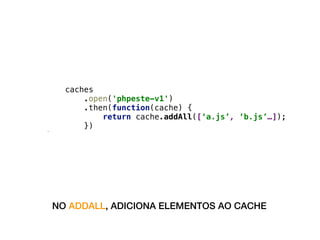 self.addEventListener('install', function(event) {
event.waitUntil(
caches
.open('phpeste-v1') //return promise
.then(function(cache) {
return cache.addAll([‘a.js’, ‘b.js’…]);
})
);
});
NO ADDALL, ADICIONA ELEMENTOS AO CACHE
 